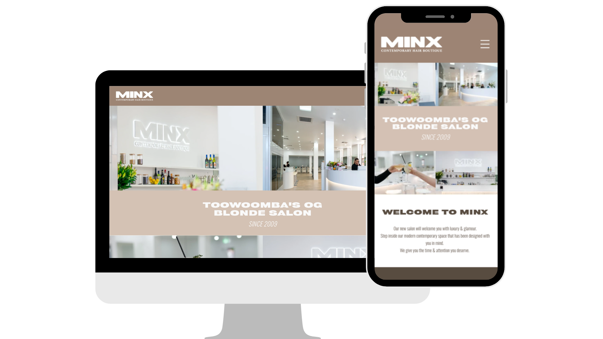 Desktop and phone showing a minimalist website with beige and white interior design layout