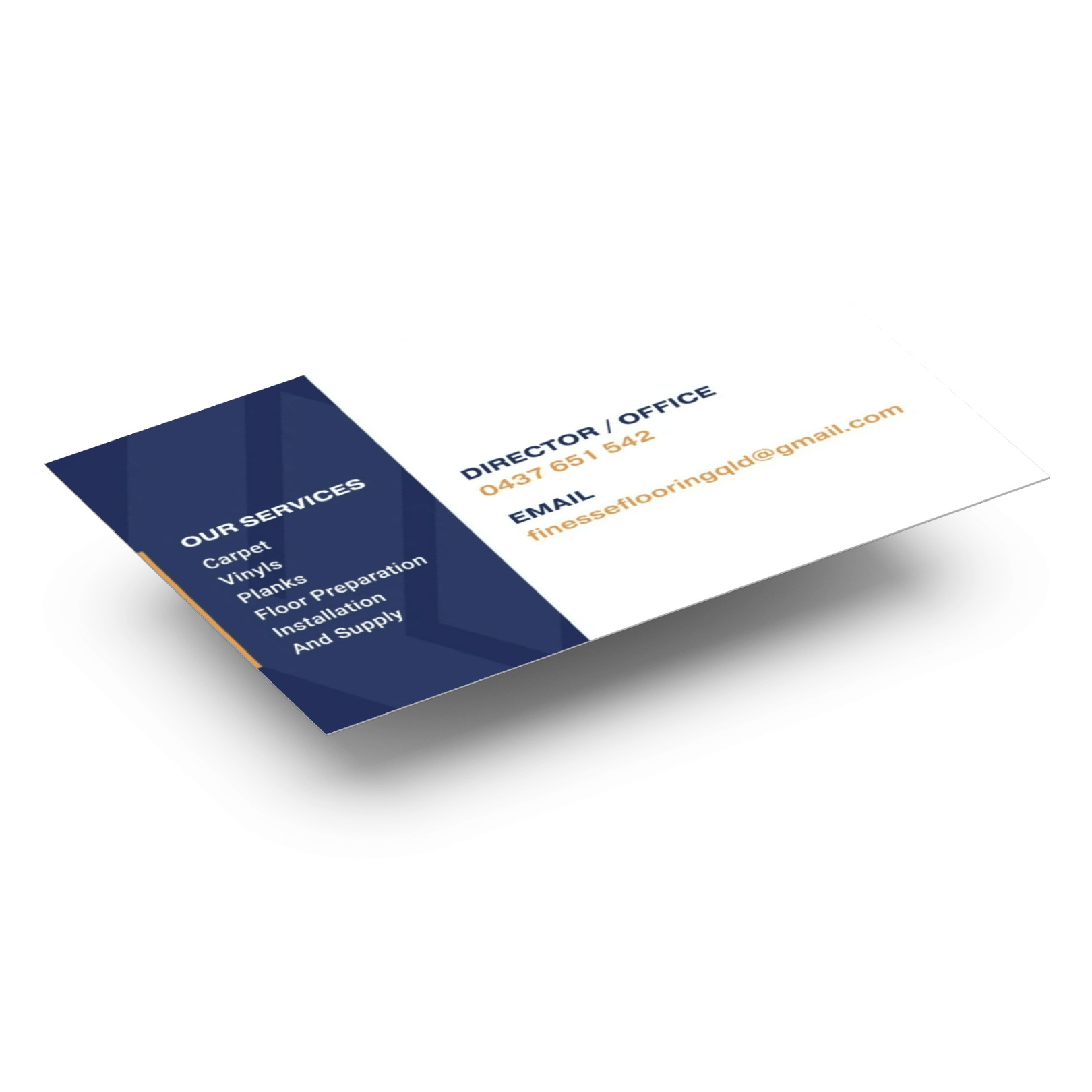 Mockup of a blue-and-white business card with gold accents, shown at an angle.