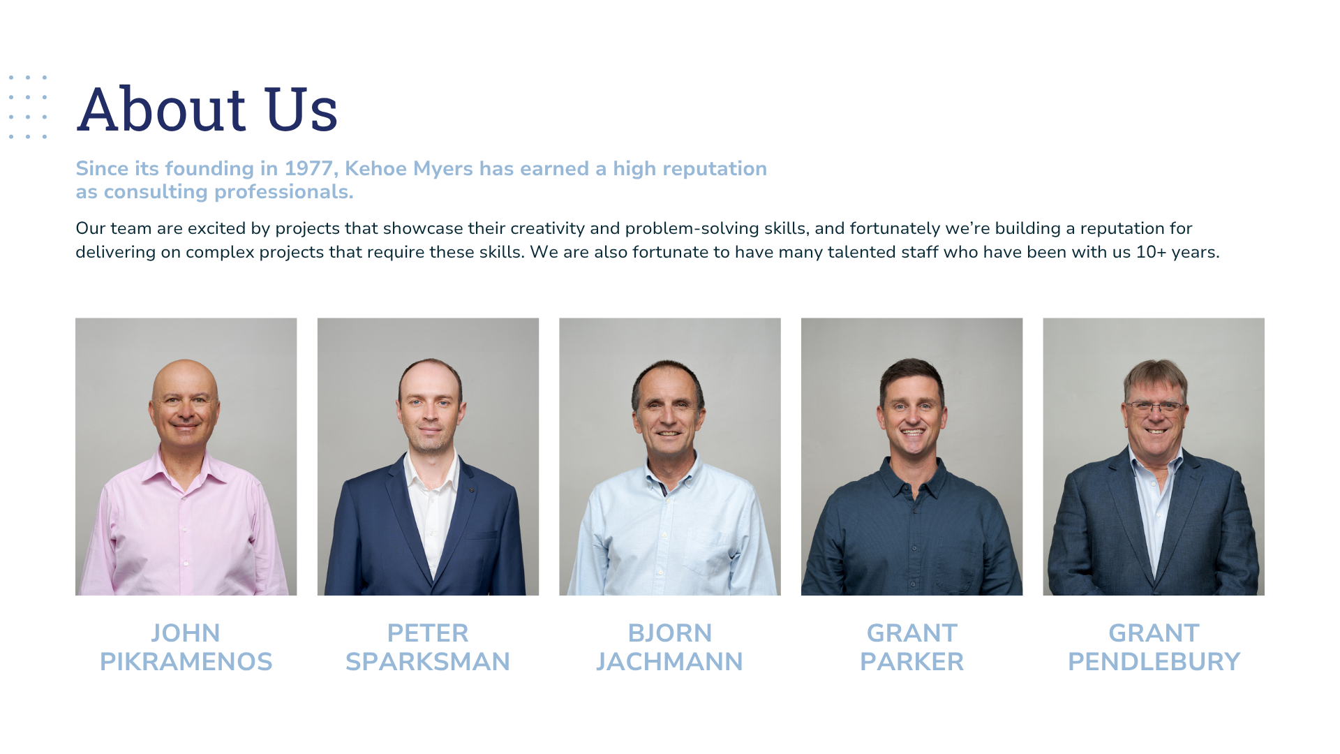 About Us page with five staff headshots and names listed below each photo