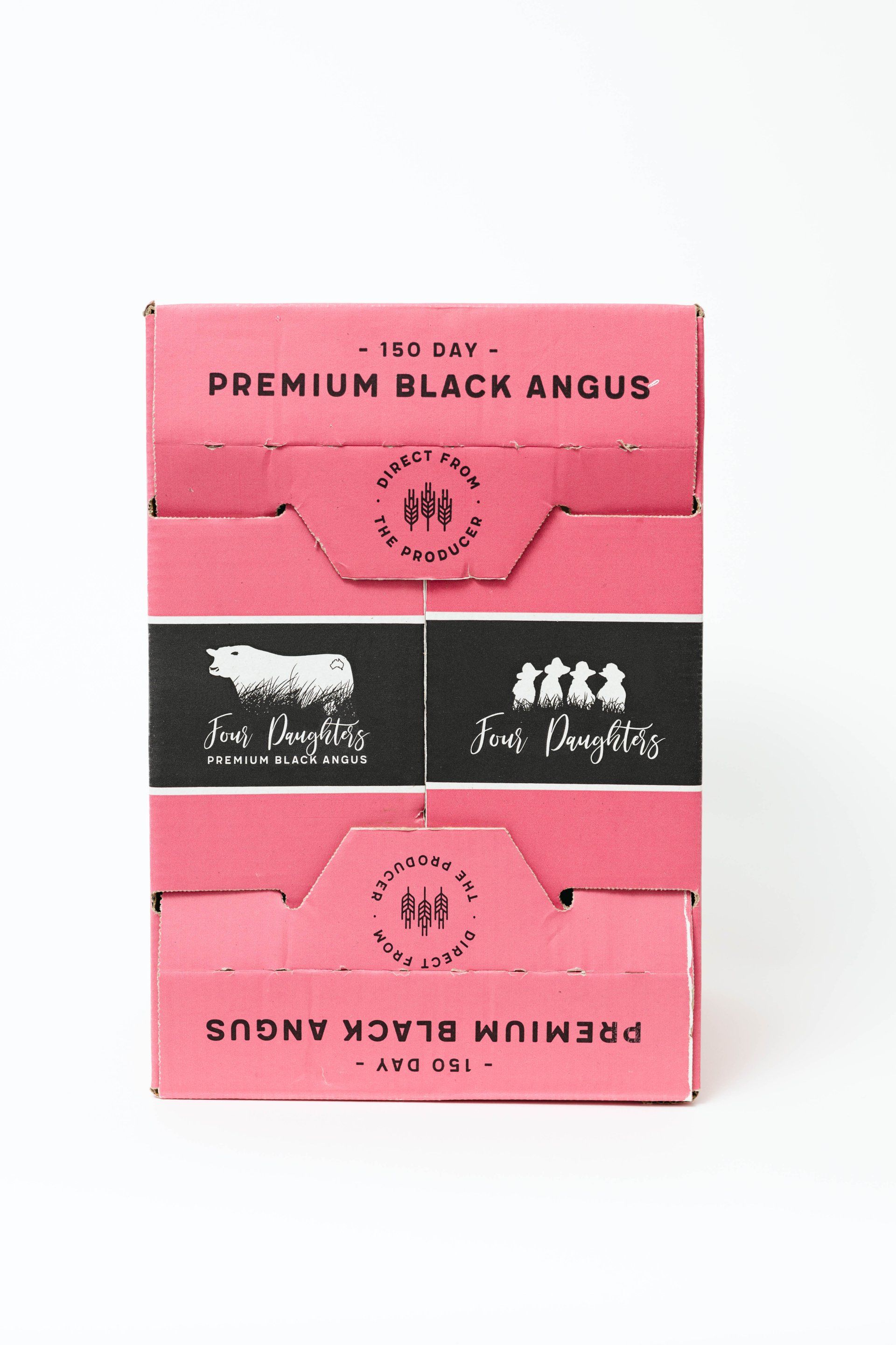 Pink premium black Angus beef packaging box with black label and white cow icons.