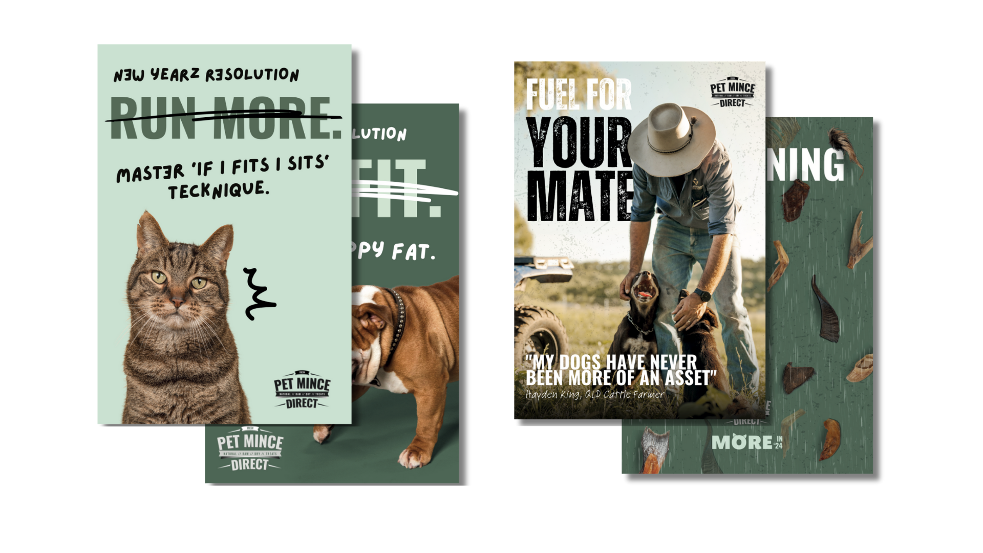 Three overlapping dog magazine covers in mint green and brown, featuring bulldogs and bold headlines.