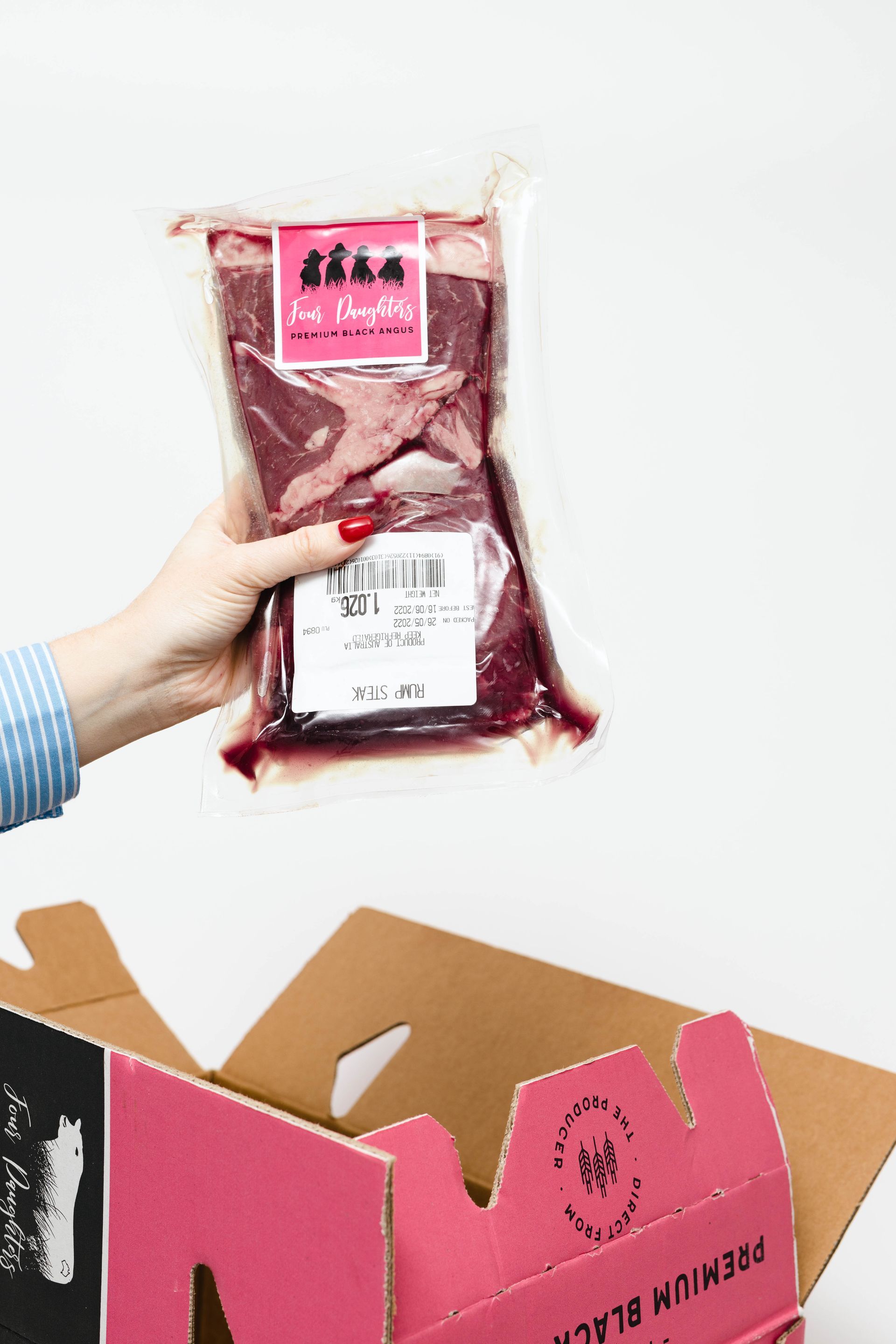 Hand holding a vacuum-sealed red packaged food item above an open pink-and-brown box