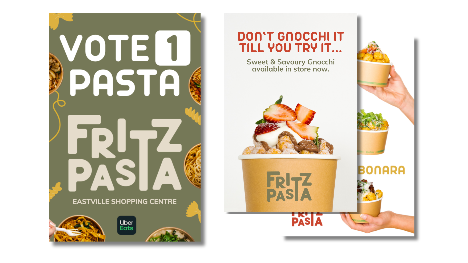 Pastor Vote campaign graphic for Fritz Pasta with pasta cup and slogan “Don’t Gnocchi It Till You Try It.”