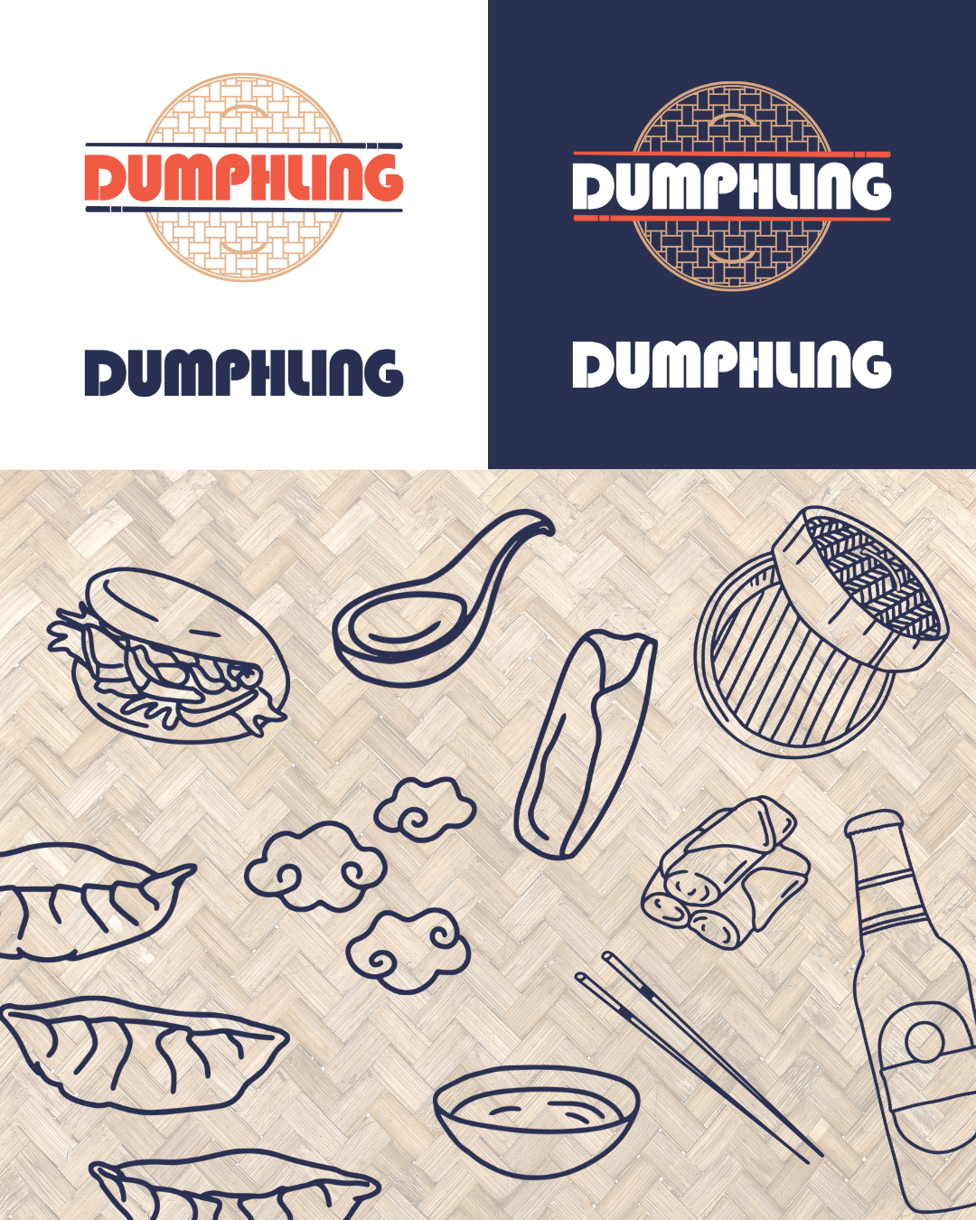 Dumphling restaurant logo and line-art Dumphling illustrations on a beige background