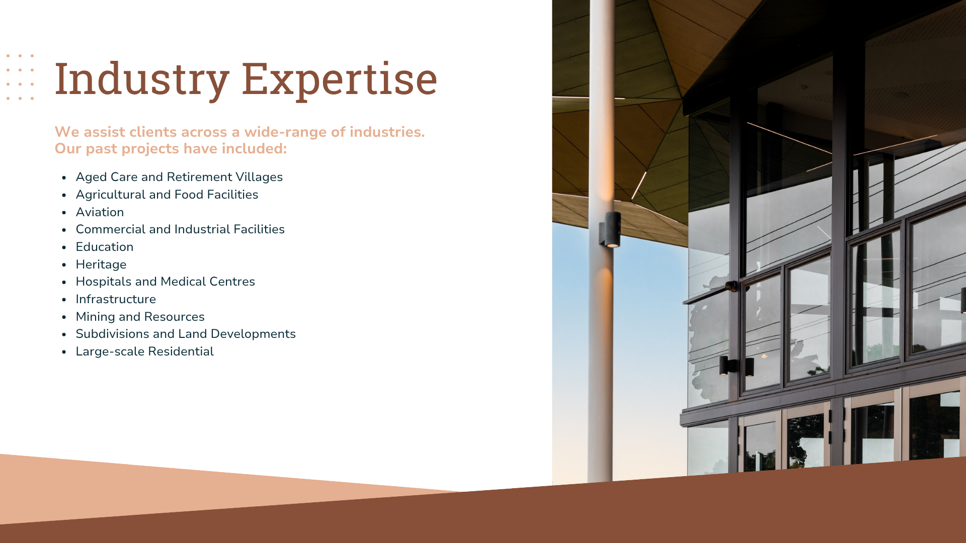 Industry Expertise slide with bulleted text beside a construction site photo and brown geometric accents