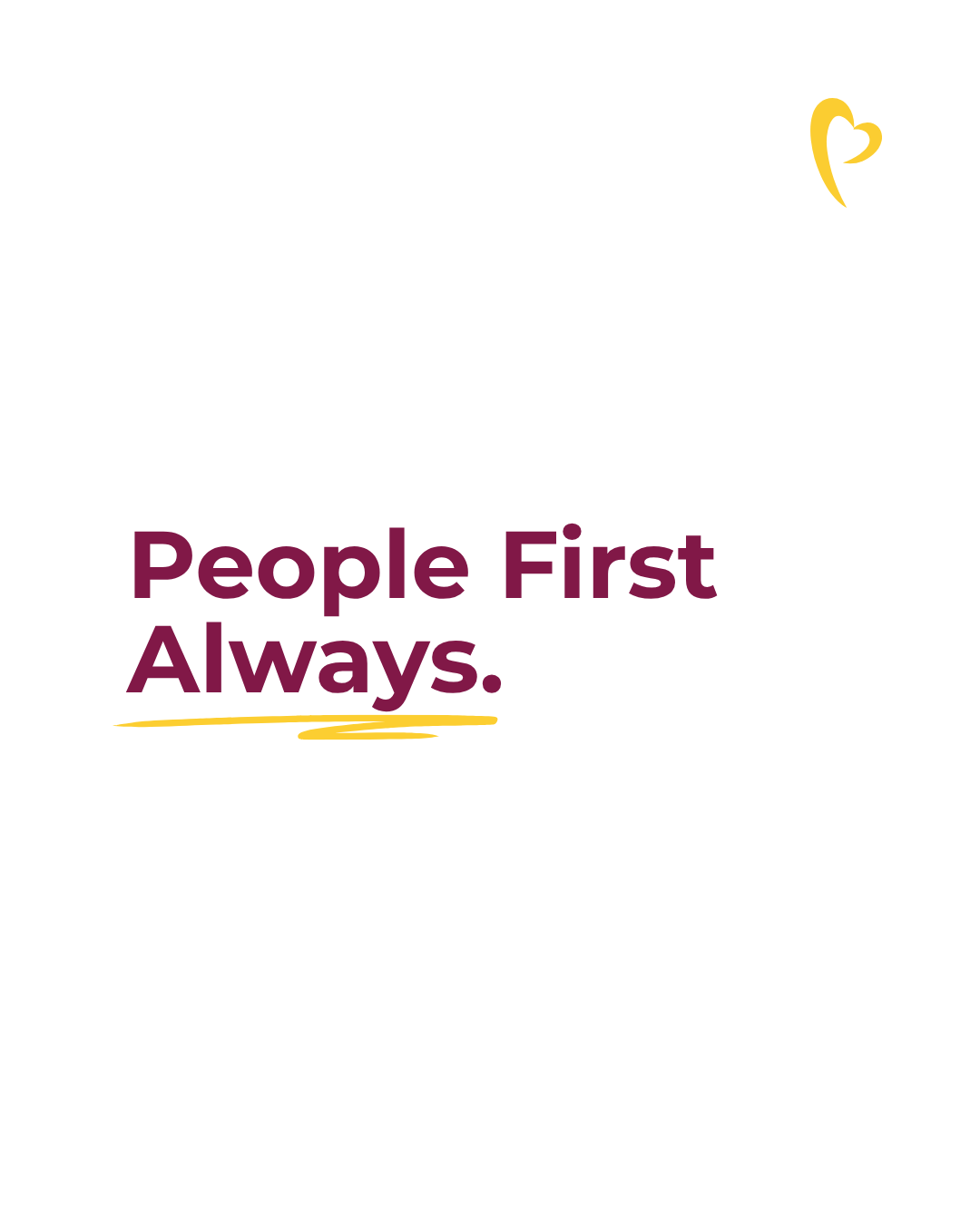 “People First Always.” in purple text with a yellow underline and small yellow logo on a white background