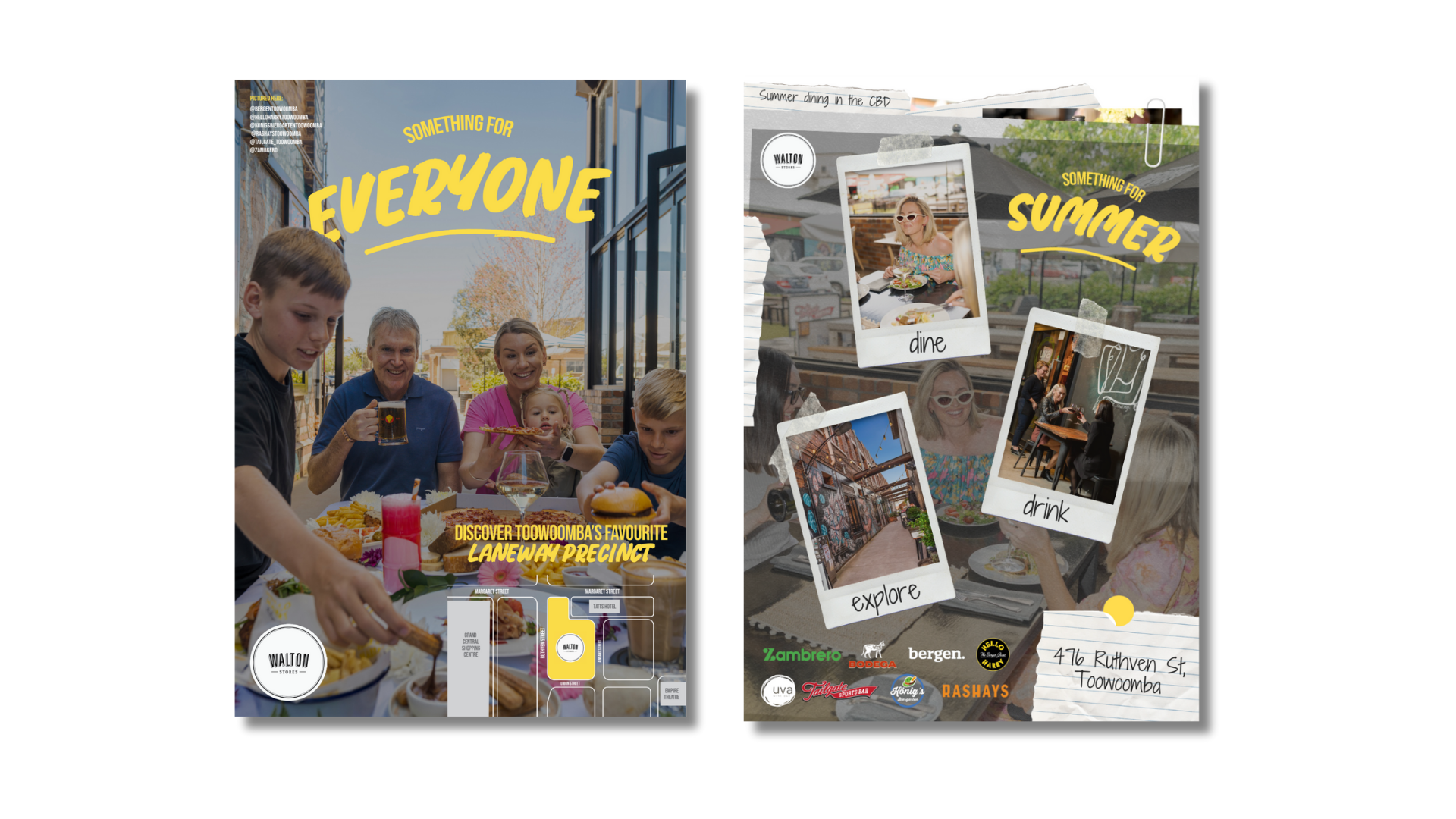 Two summer-themed poster mockups with bold yellow text, collage photos, and beach party visuals