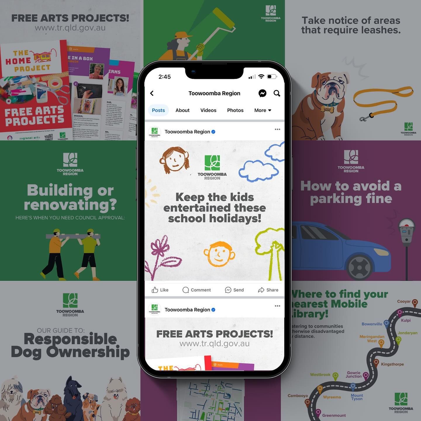 Smartphone showing Free Arts Projects social media posts with colorful community and safety graphics