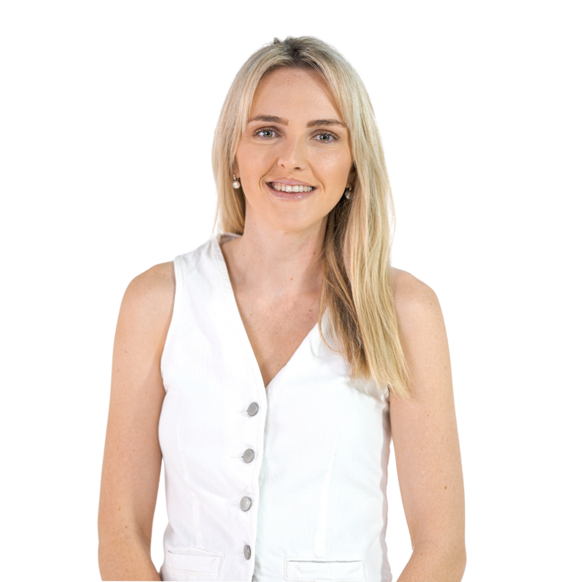 Blonde woman in a white sleeveless blouse smiling against a white background