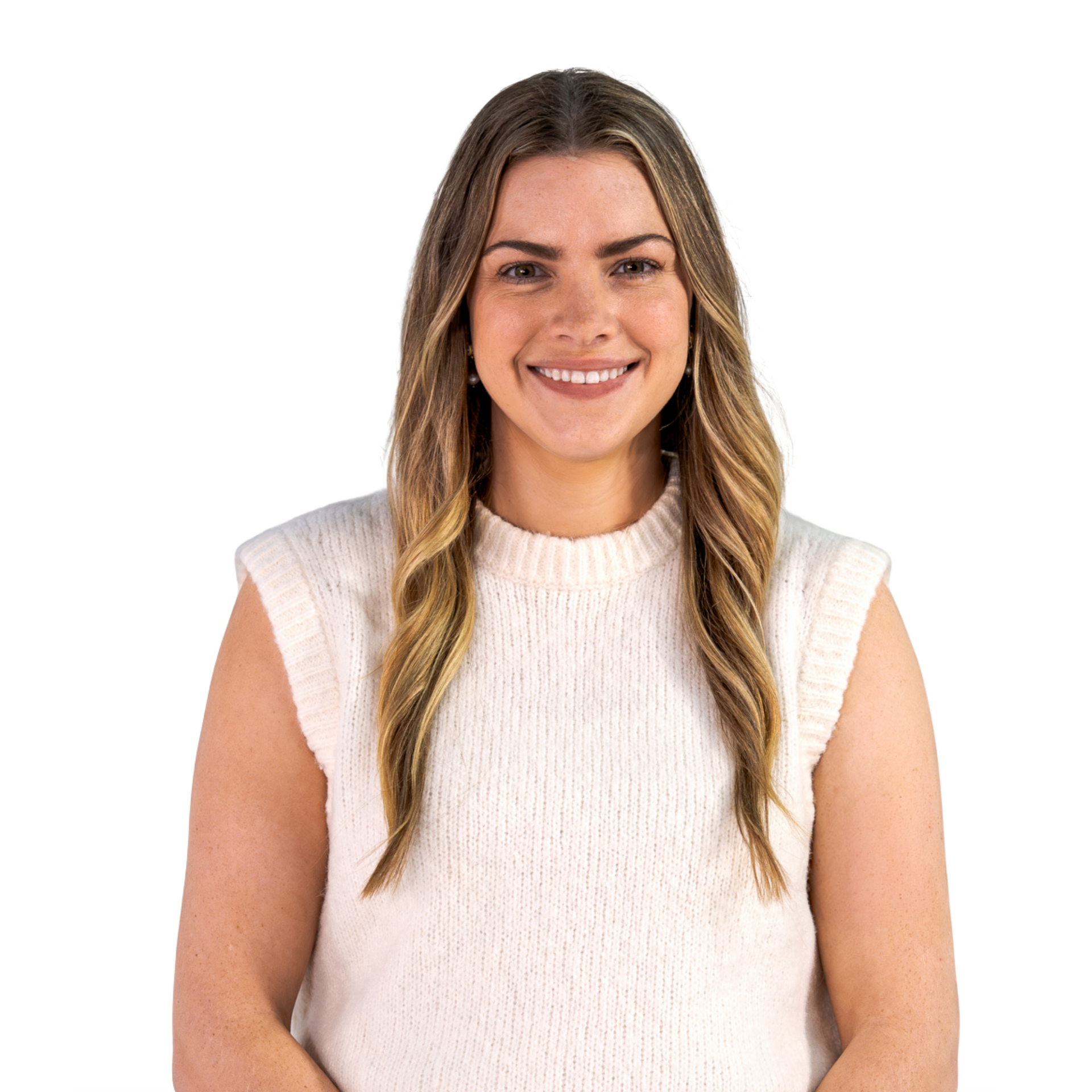 Smiling woman in a white sleeveless top against a white background