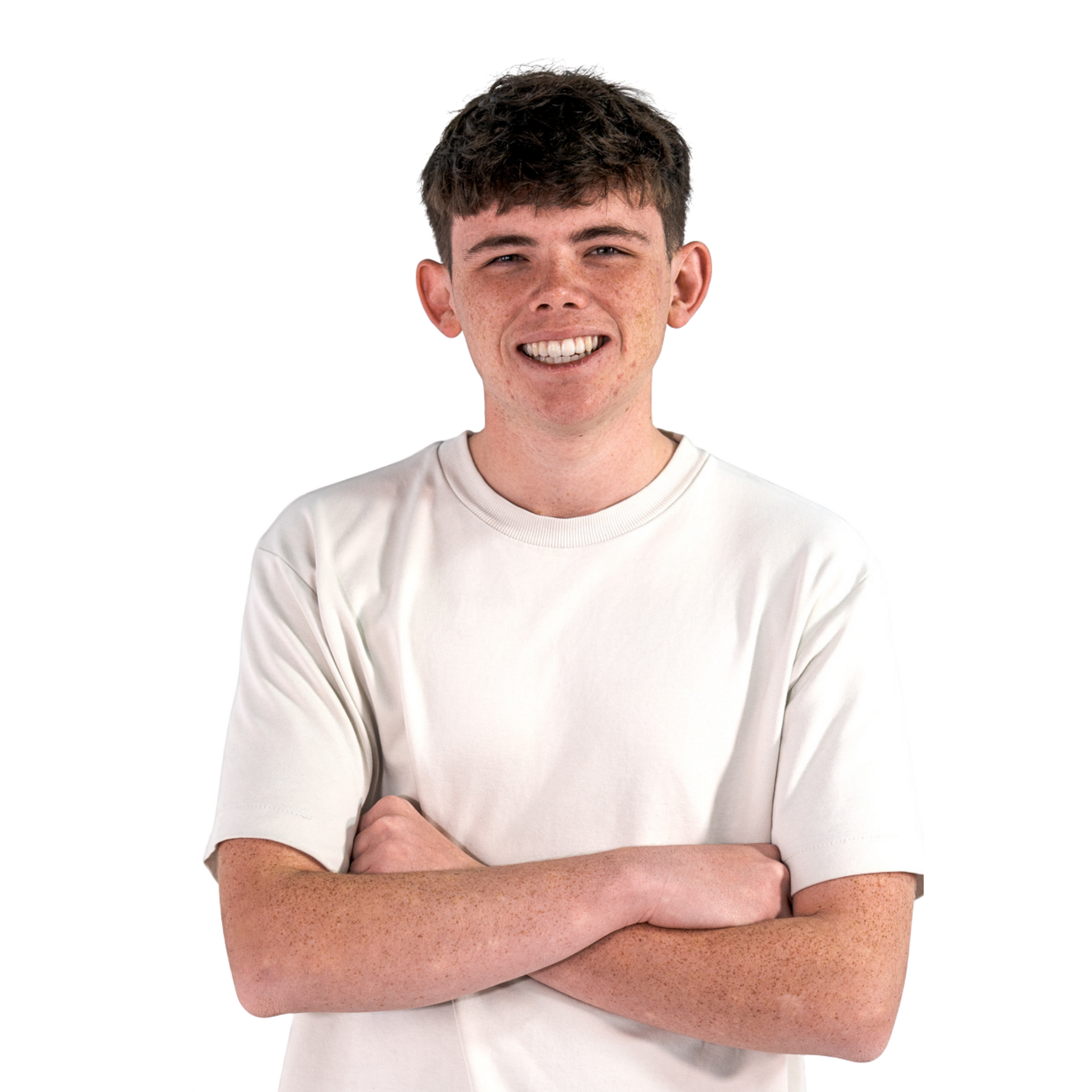 Smiling person in a white T-shirt with arms crossed on a white background