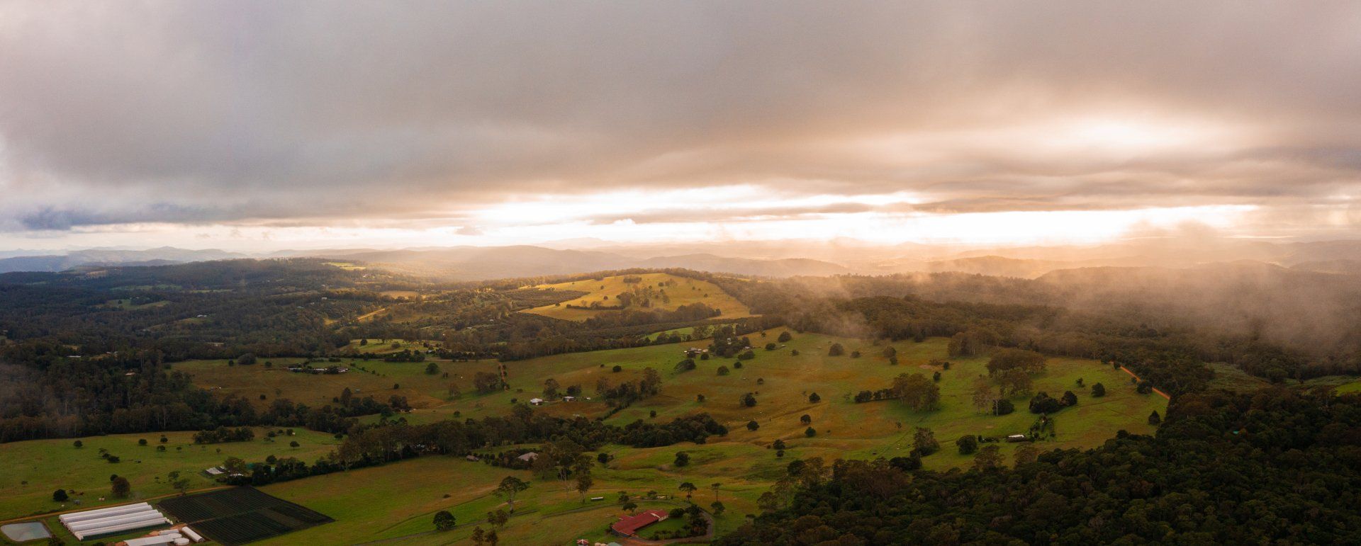 Aerial view of a green valley at sunrise with low clouds and golden light