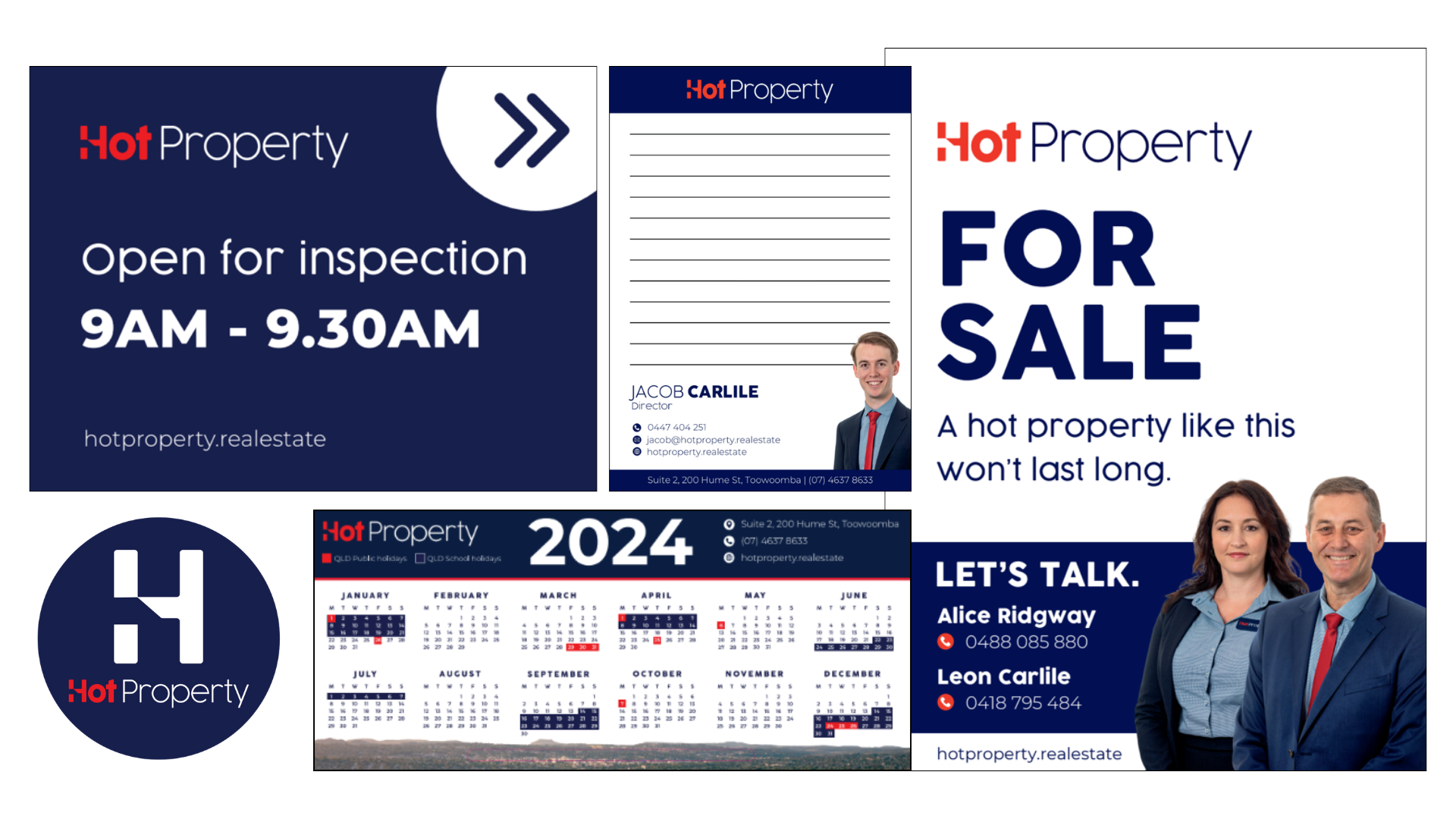 Real estate ad for Hot Property: open inspection 9–9:30AM, for sale, calendar, and agents on a blue-white layout