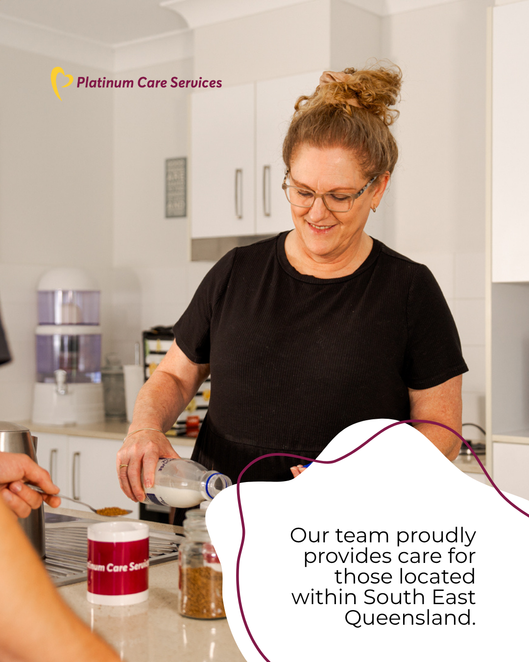 Care provider preparing food in a bright kitchen with “Platinum Care Services” branding and tagline text.