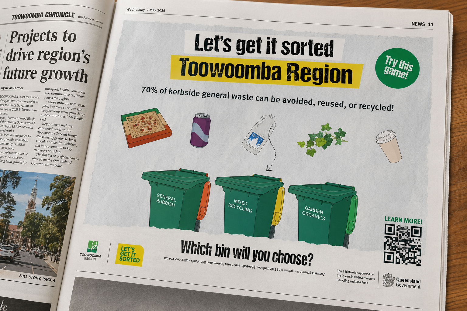 Toowoomba Region recycling ad with green bins and a QR code