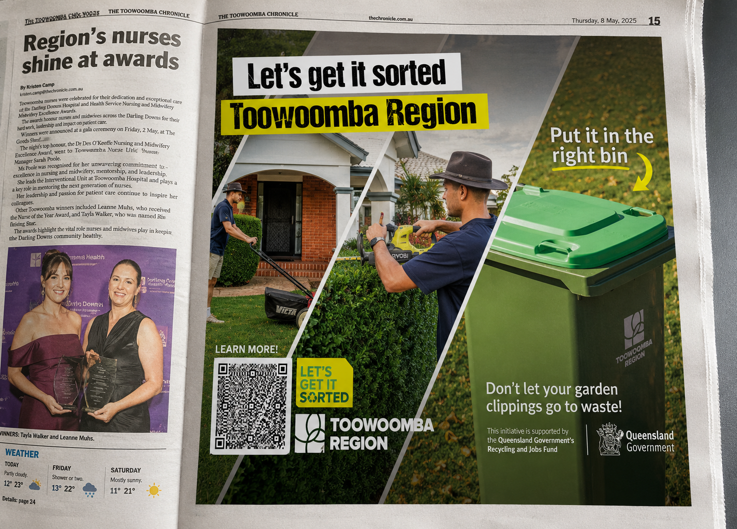 Newspaper page with nurses' award story and Toowoomba Region recycling ad with bins and QR code