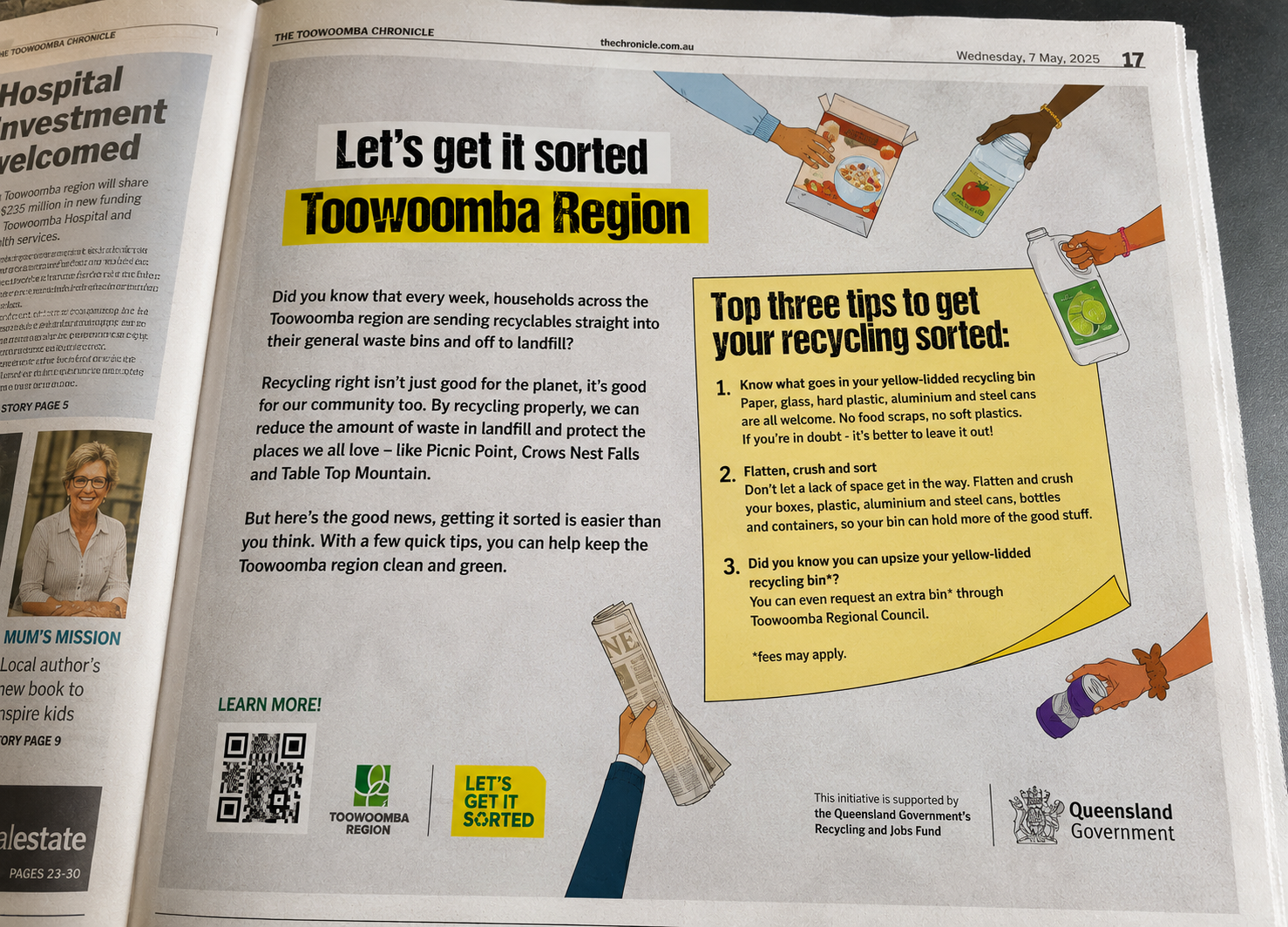 Toowoomba Region recycling guide with yellow tip sheet and illustrated bin disposal icons