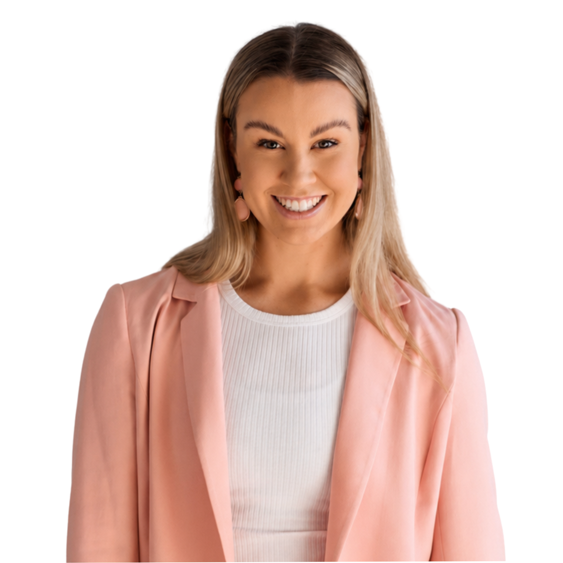 Smiling woman in a pink blazer over a white top against a white background