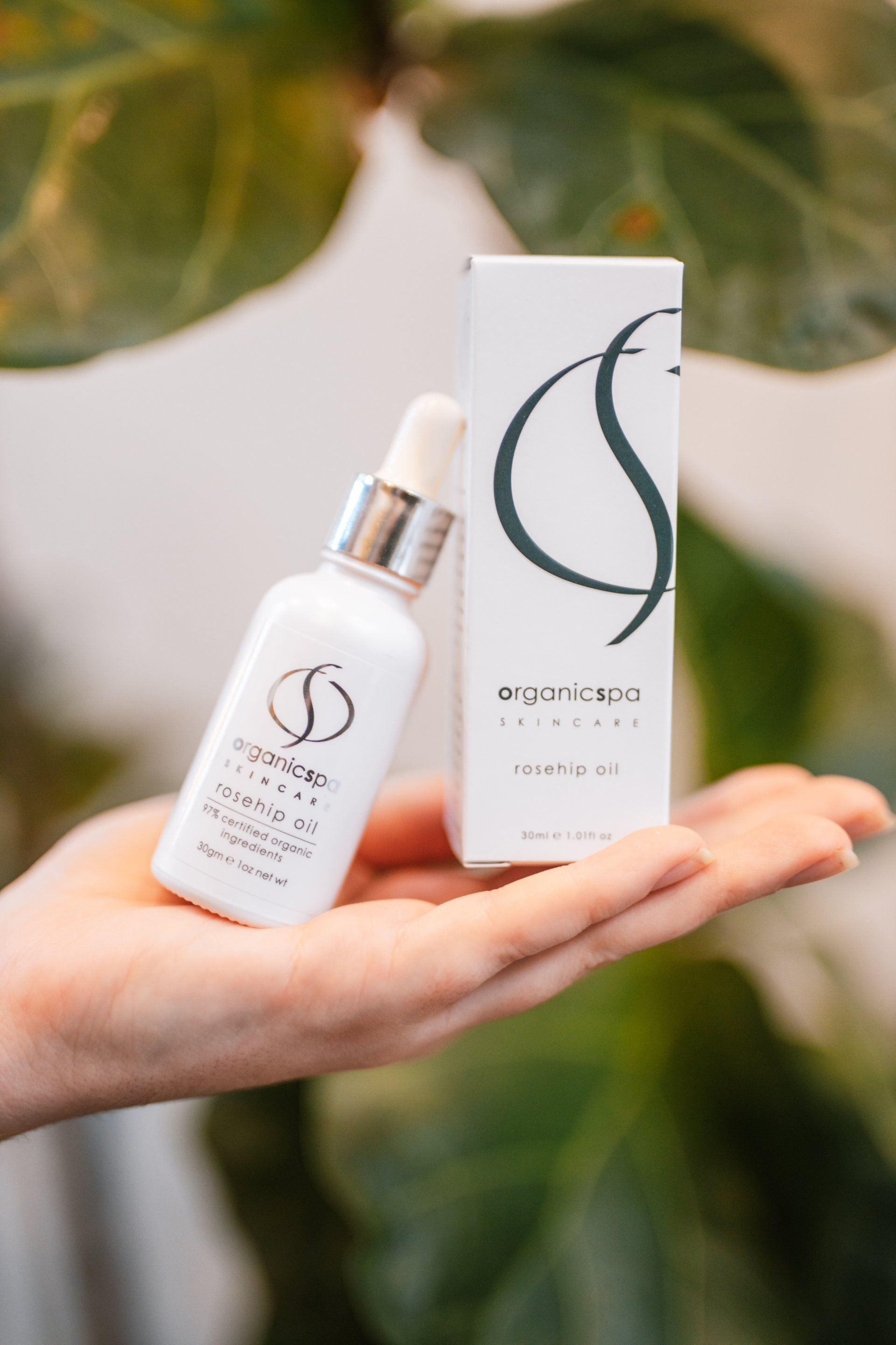 Hand holding a white skincare serum bottle and box with a stylized S logo against a leafy background