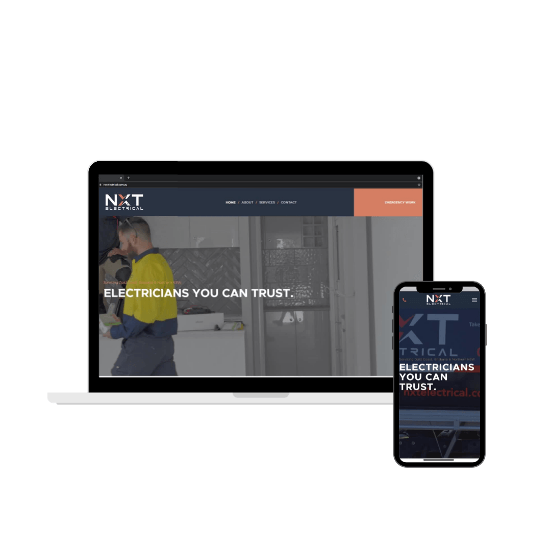 Laptop and smartphone displaying a dark-themed electrician services website