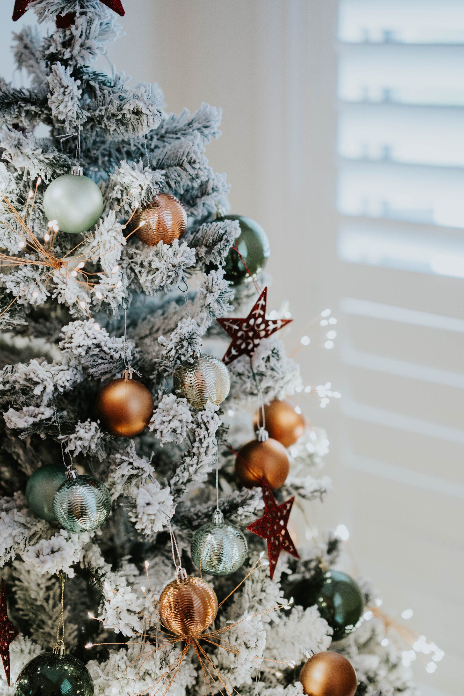 Snow-dusted Christmas tree with gold and white ornaments beside a bright window