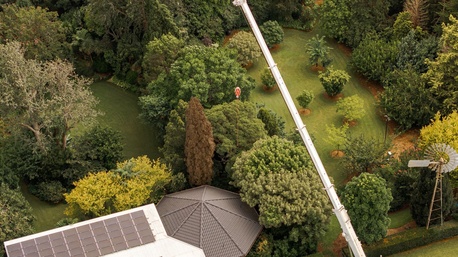 Aerial view of a lush garden with trees, shrubs, a patio roof, and a small person in orange walking near the center