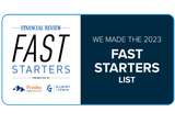 Financial Review Fast Starters banner: white and navy with logos and “We made the 2023 Fast Starters list”