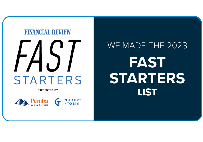 Financial Review Fast Starters banner: white and navy with logos and “We made the 2023 Fast Starters list”