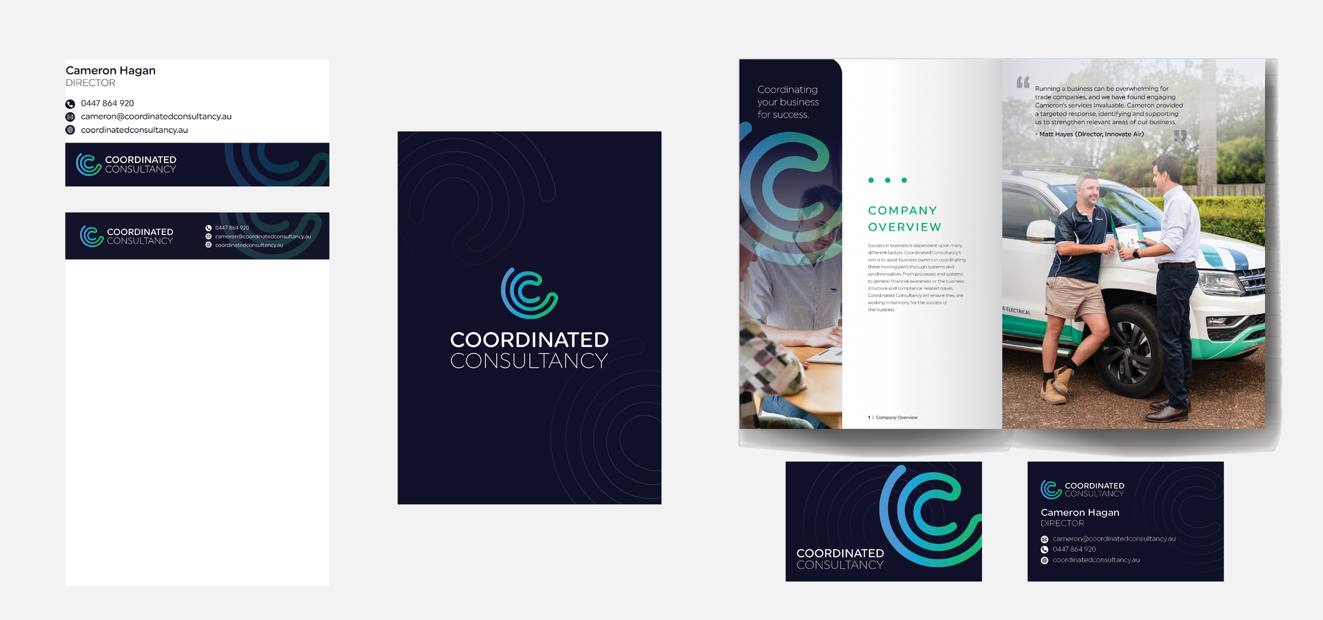 Brand identity mockups with dark blue and teal logo designs on business cards, brochure, and a website preview