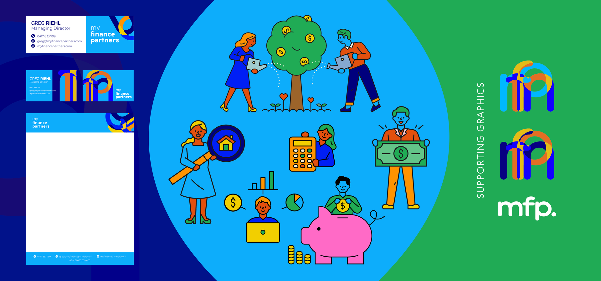 Blue infographic with diverse people around a tree, icons, and mfp. logos on a dark blue background
