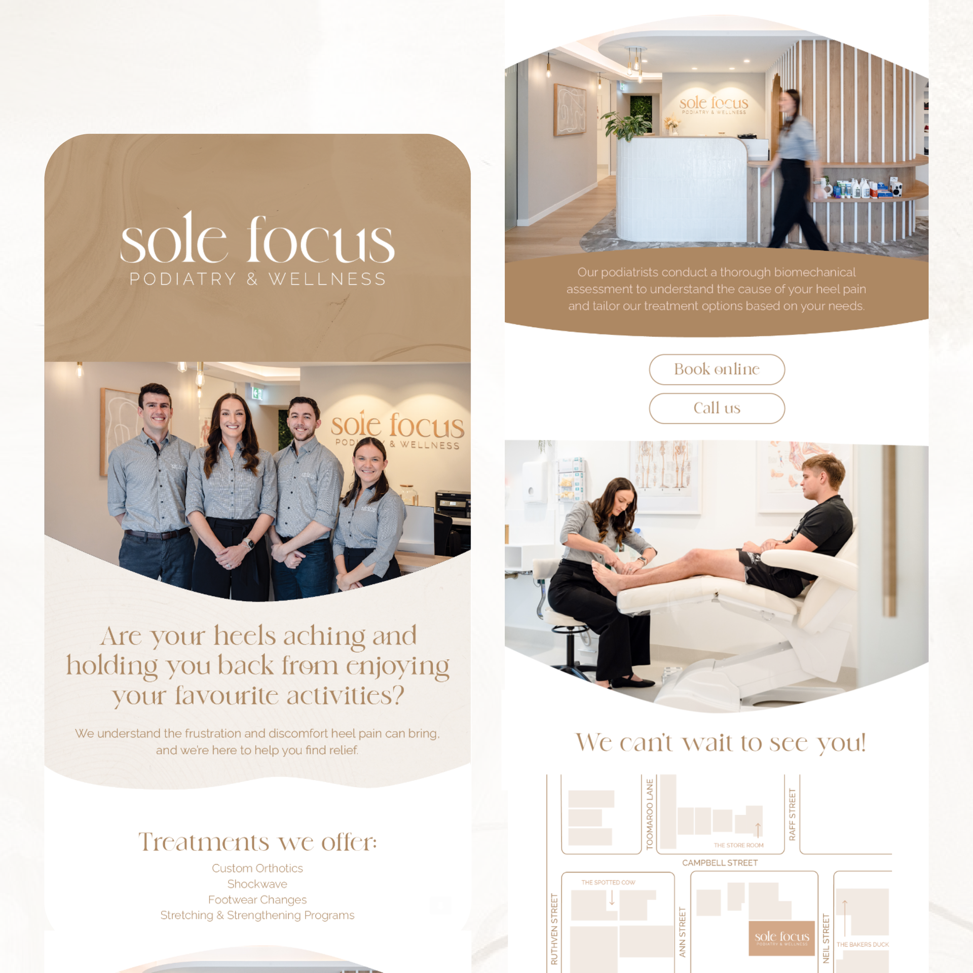 Promotional brochure for Sole Focus Physiotherapy and Wellness with team photos, clinic interiors, and service details