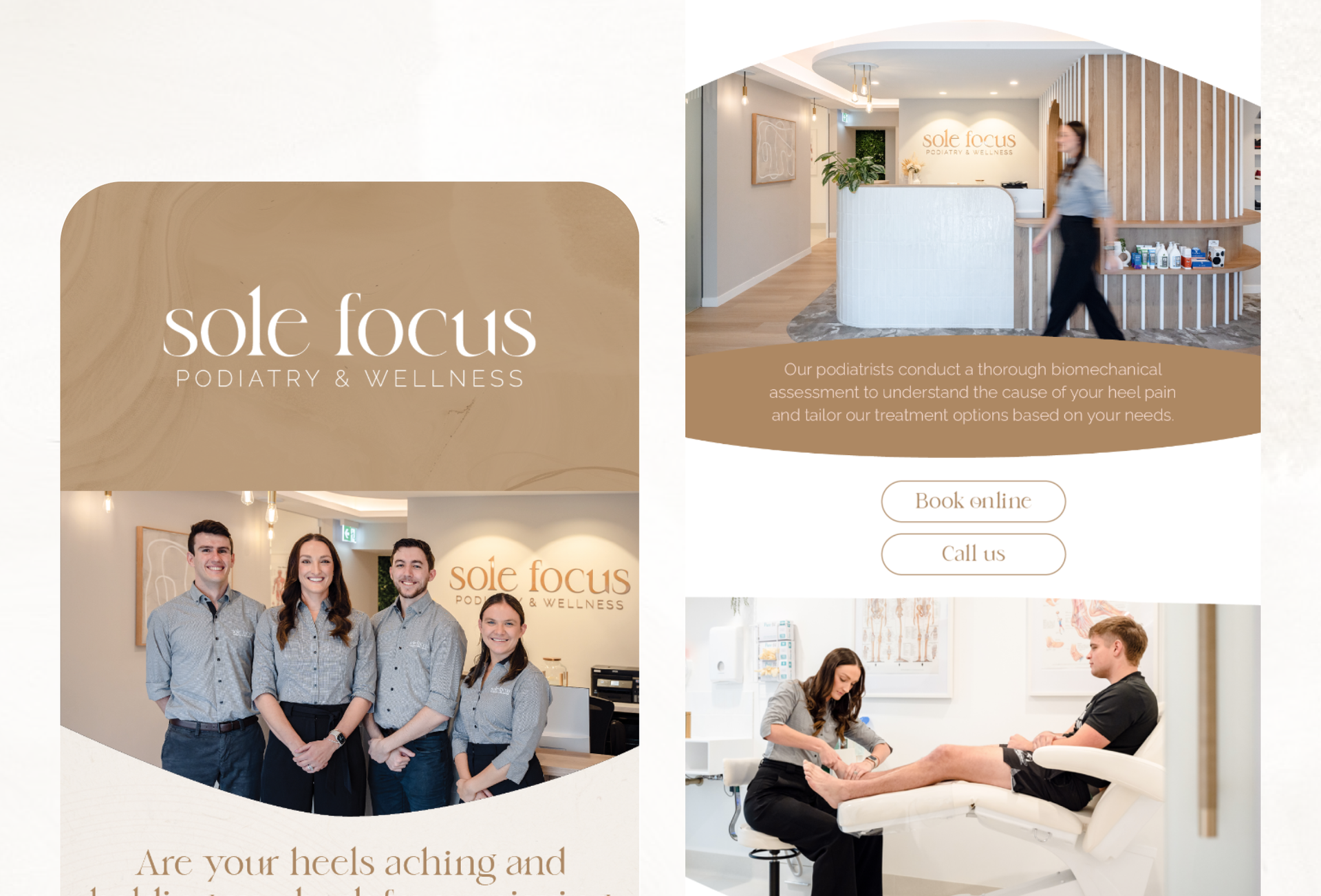 Collage for Sole Focus showing clinic exterior, smiling staff, reception desk, and massage treatment room