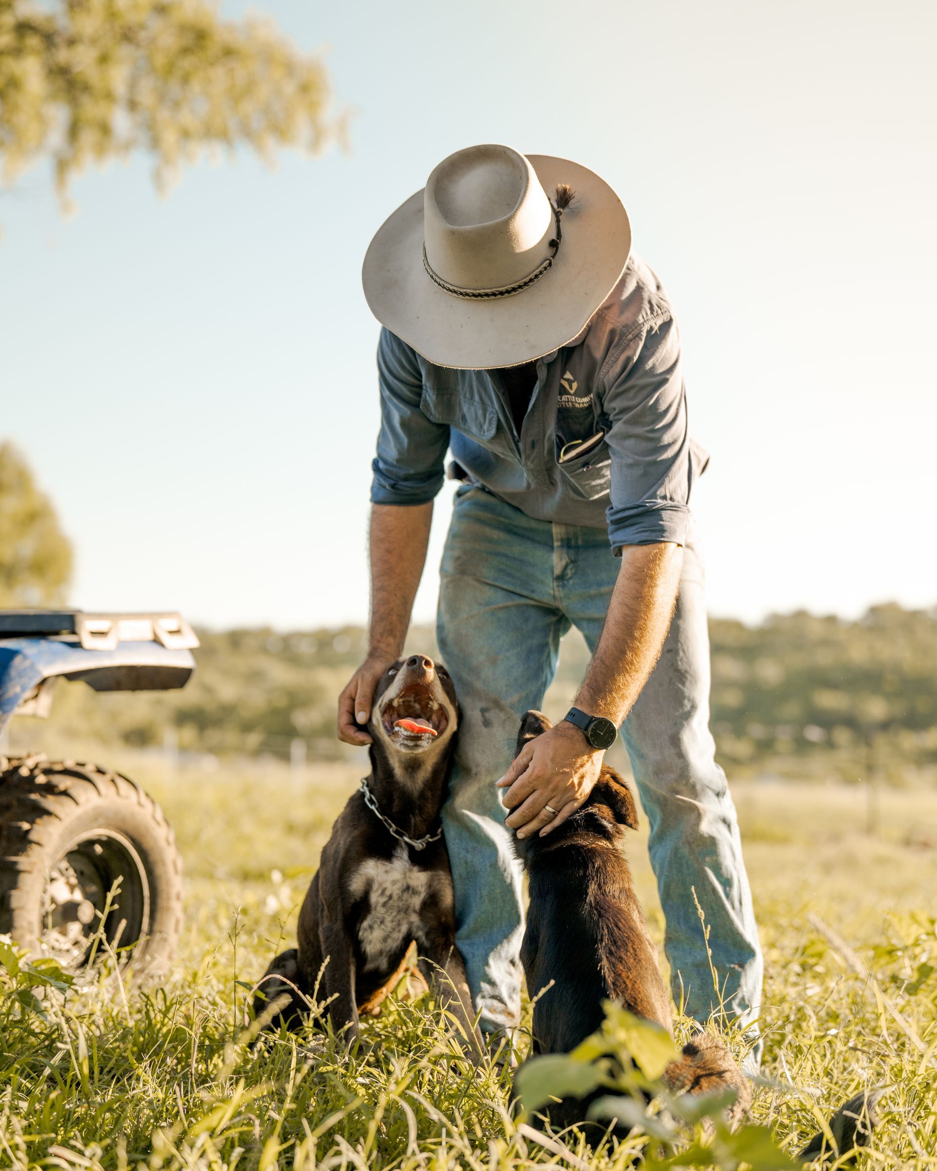 Man in a cowboy hat kneels beside two dogs in a grassy field near an ATV.