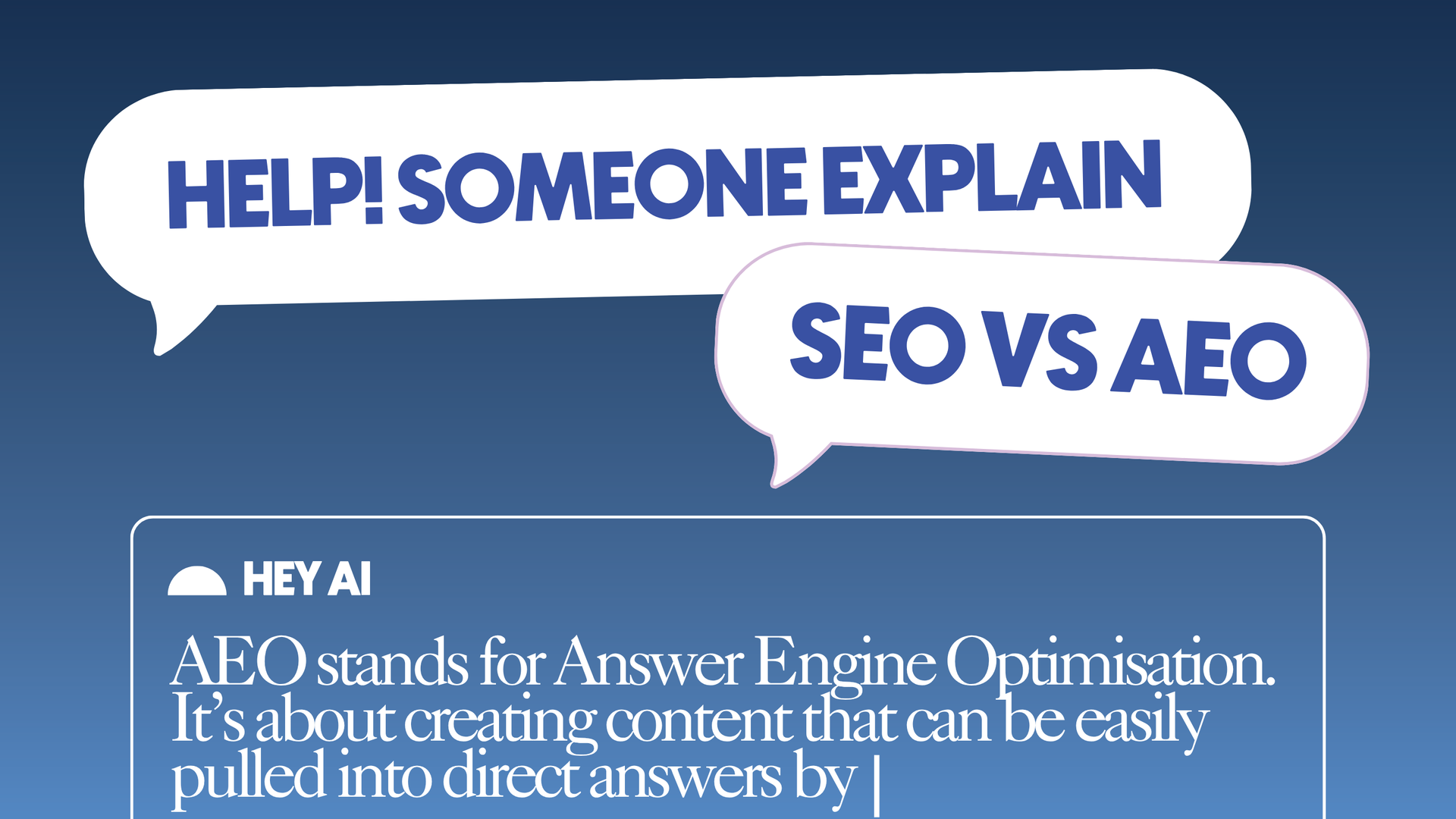 Blue infographic with speech bubbles reading “Help! Someone explain SEO vs AEO” and text defining AEO.