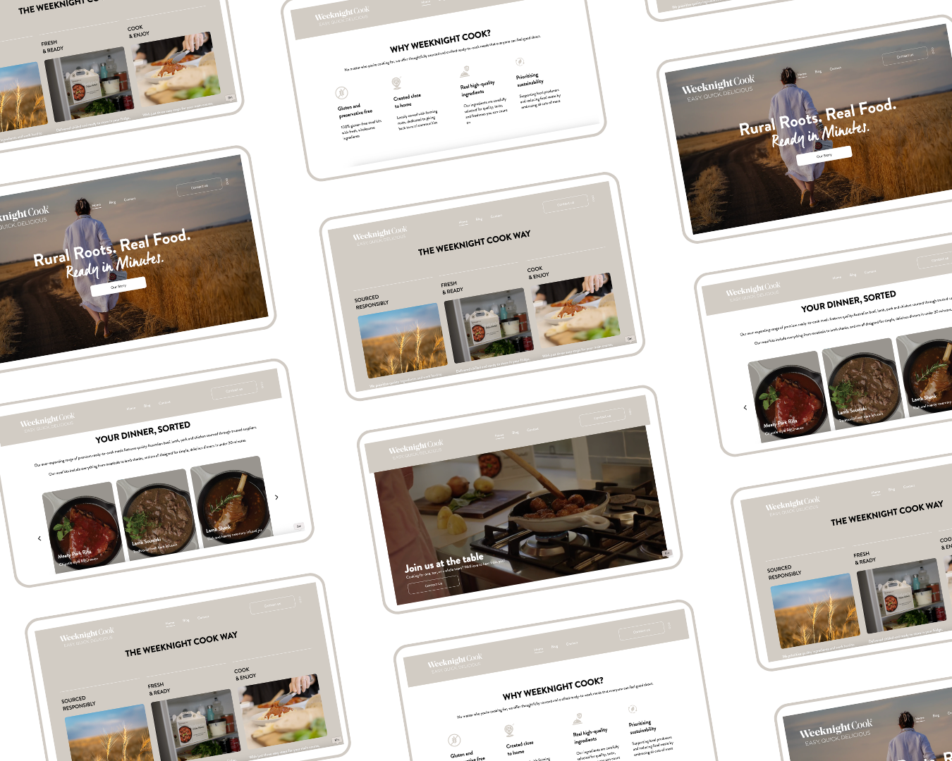 Collage of several website mockups with food photos, product cards, and a restaurant interior scene