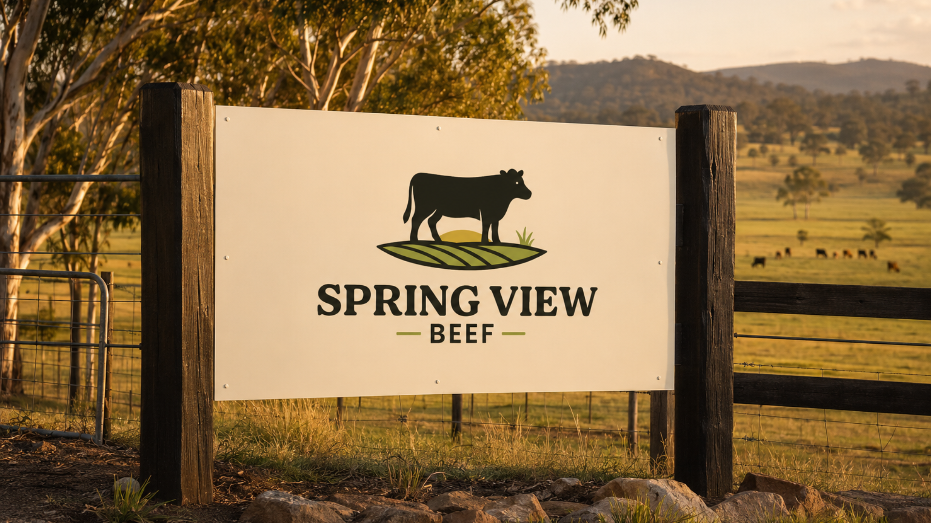 Spring View Beef sign with cow silhouette on a rural fence at sunset