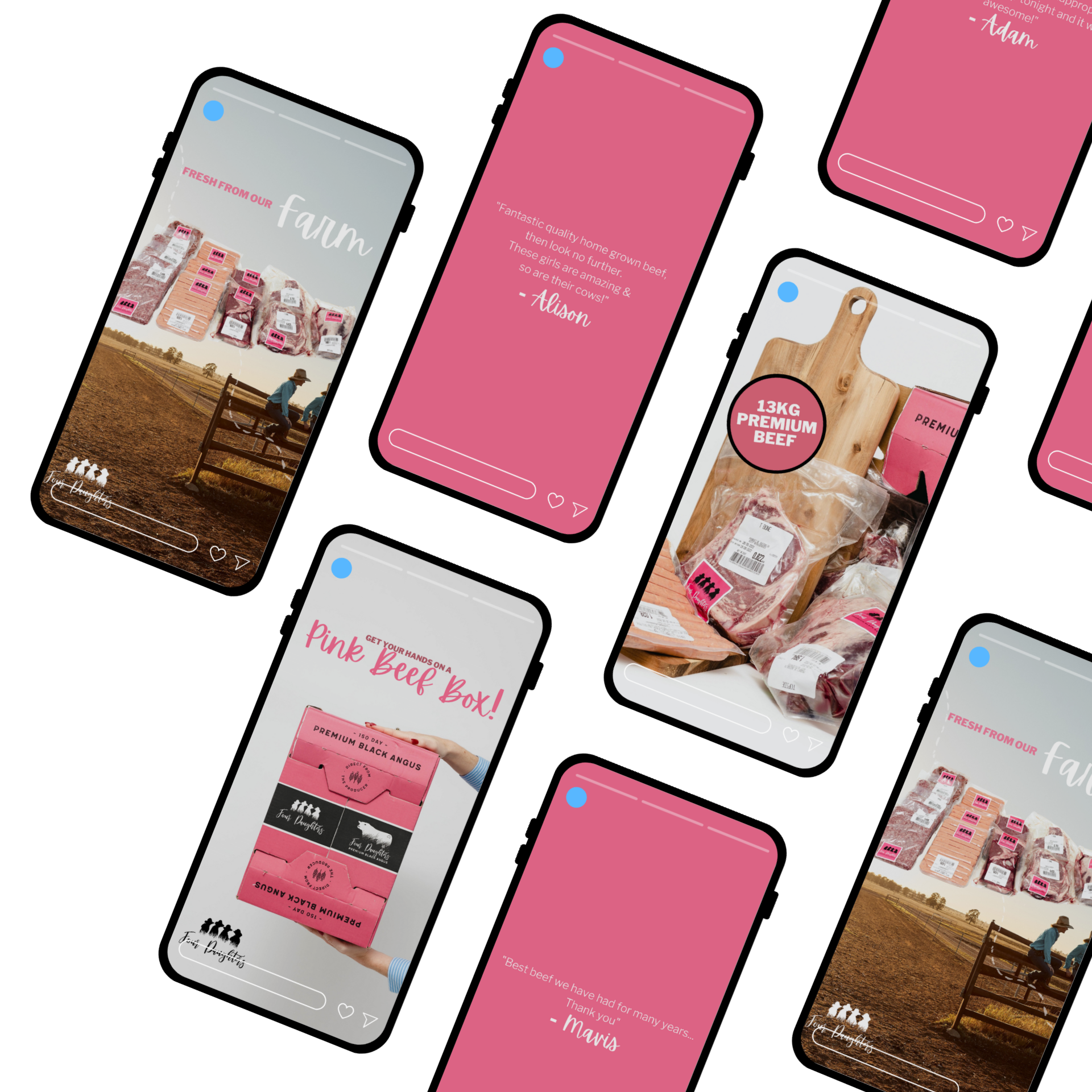 Collage of pink-and-white beauty product ads and phone mockups on a white background