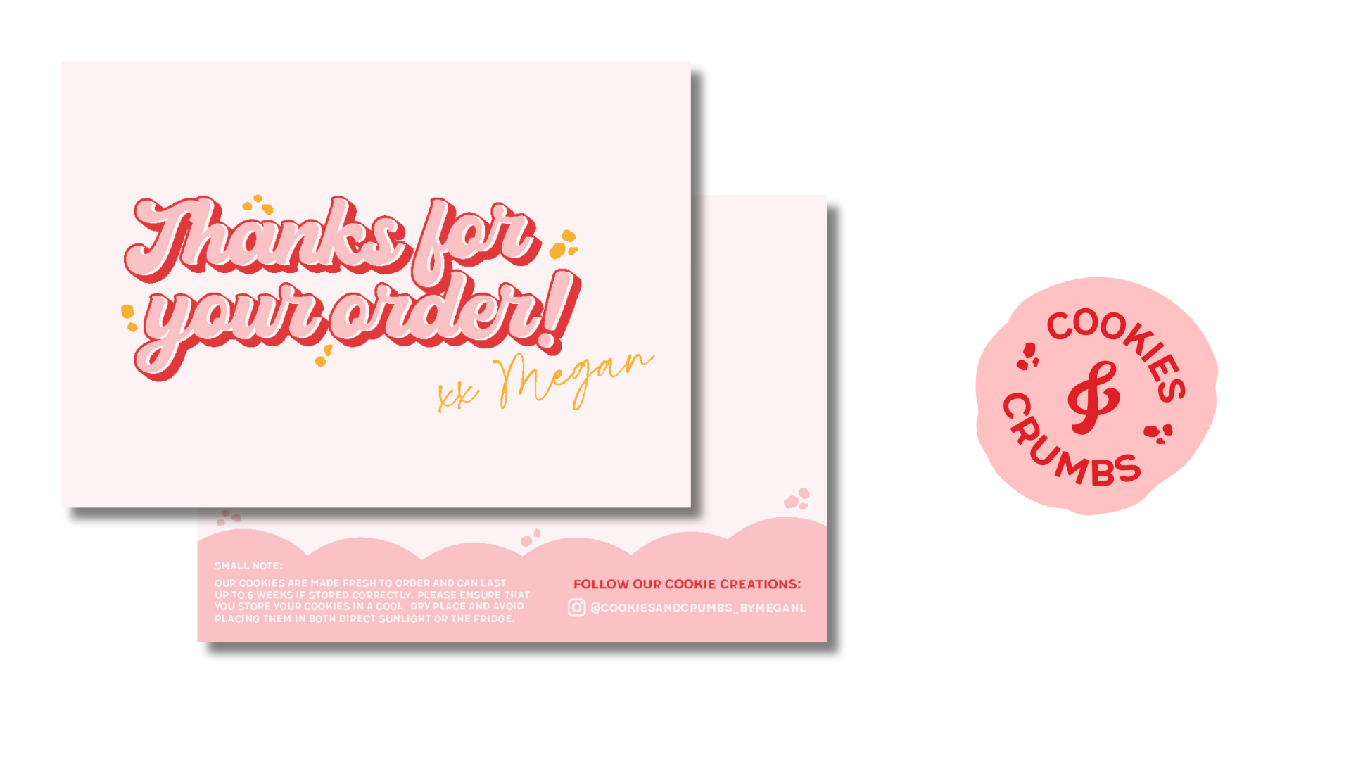 Pink thank-you card and matching round “cool thumbs” sticker with decorative lettering and a shadowed card design