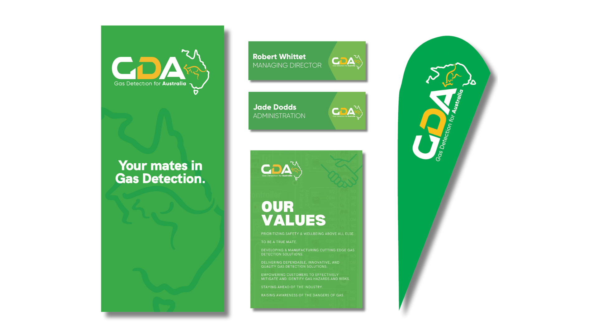 Green Gas Deception branded brochure, leaflet, and flag with white text and map graphic