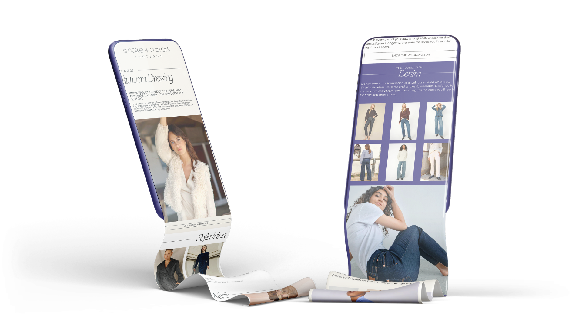 Two smartphone mockups displaying fashion app screens on a white background.