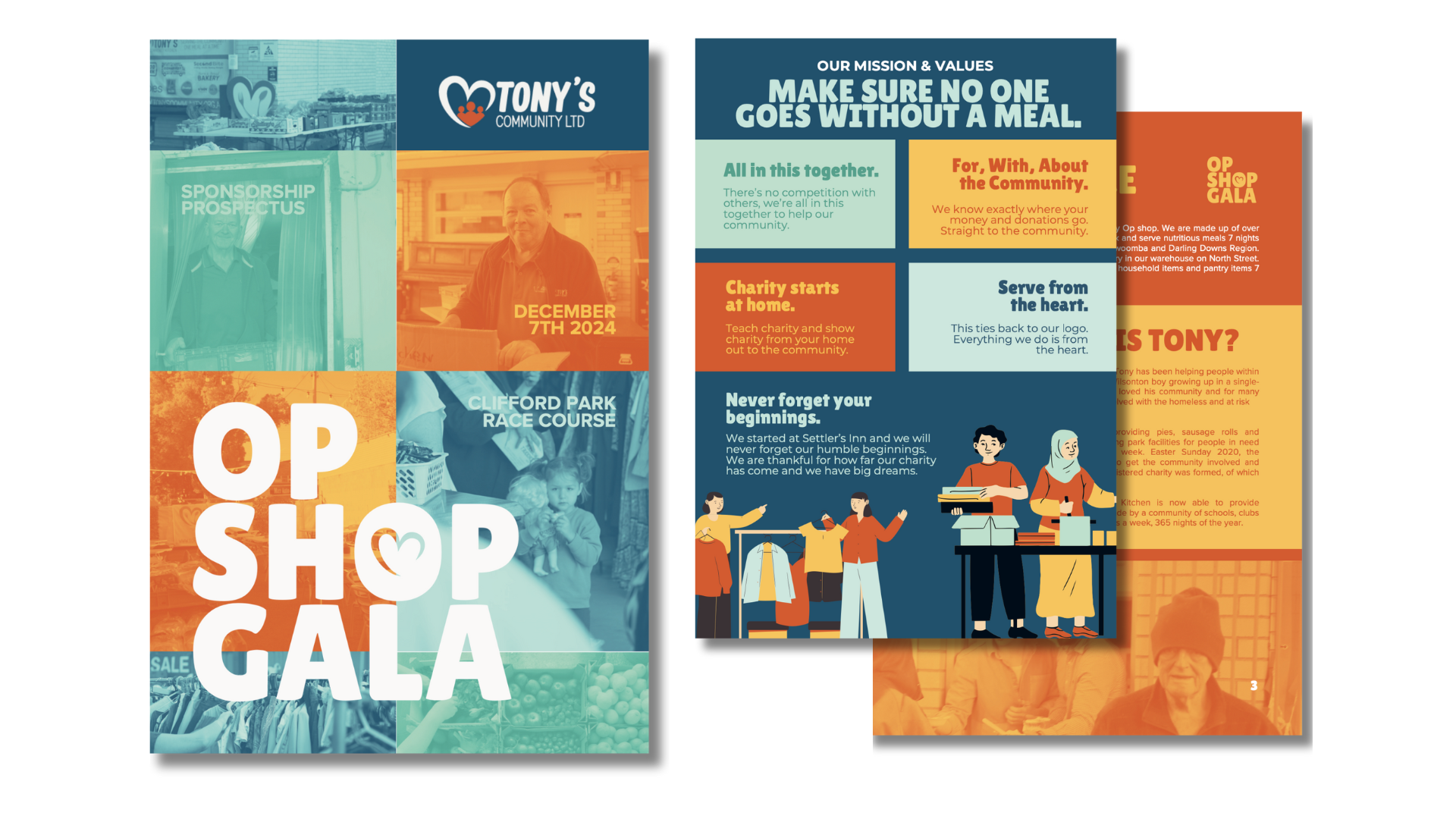 Colorful OP SHOP GALA event posters with illustrated people and bold blue, orange, and teal panels