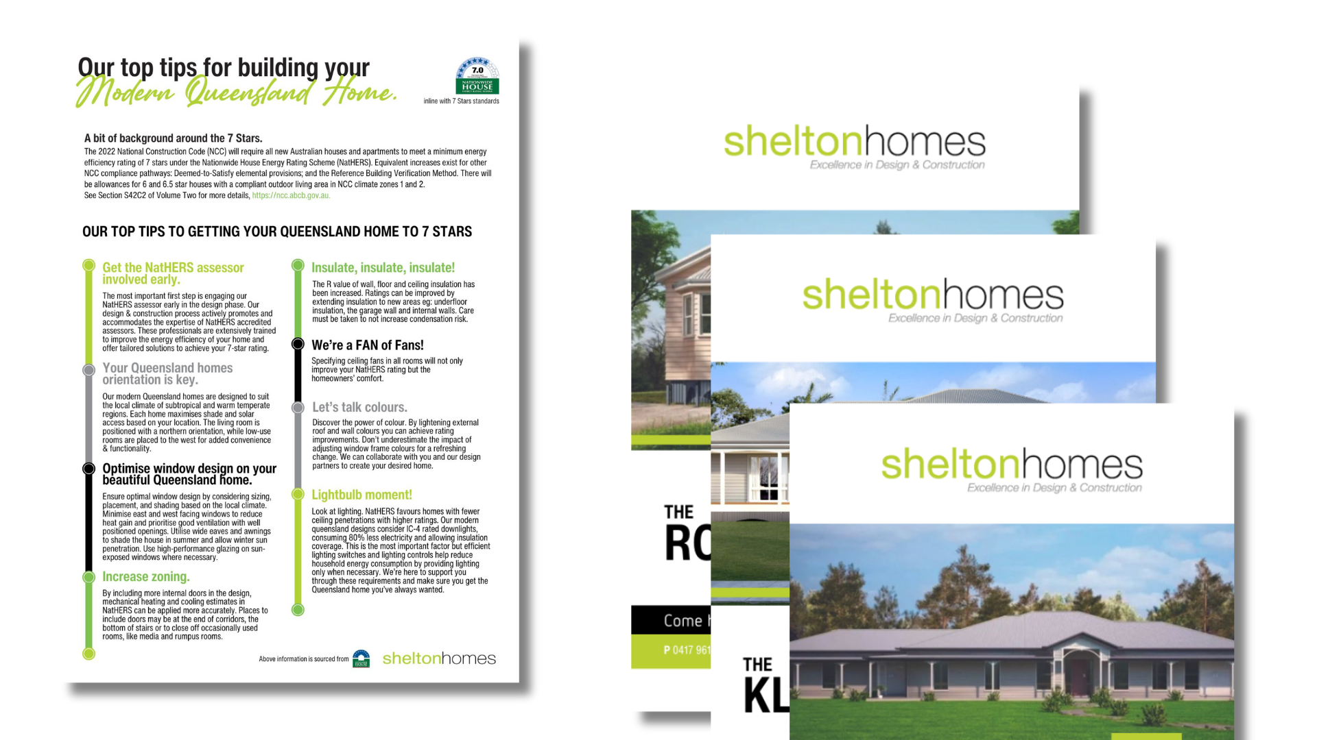 v Homes brochure and flyer with green branding and house photos, shown as overlapping printed materials