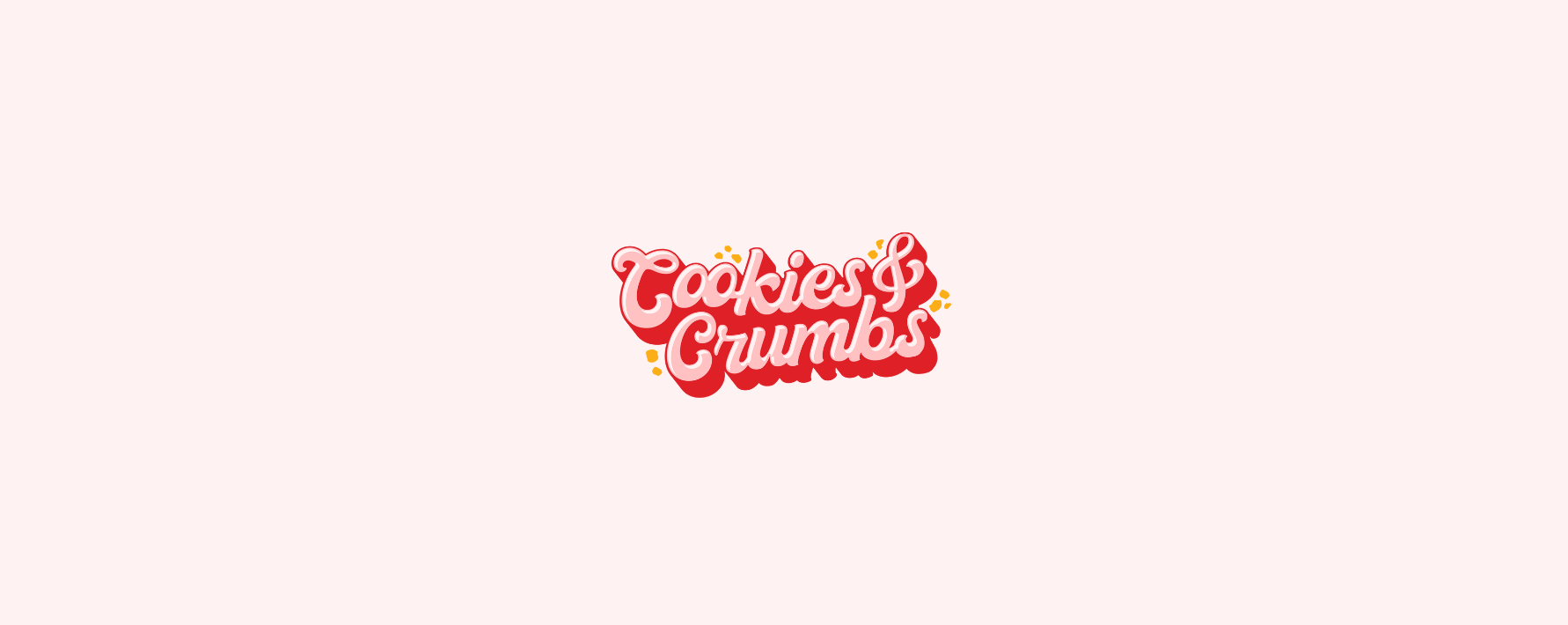 Cookies & Crumbs logo in red and white on a pale pink background