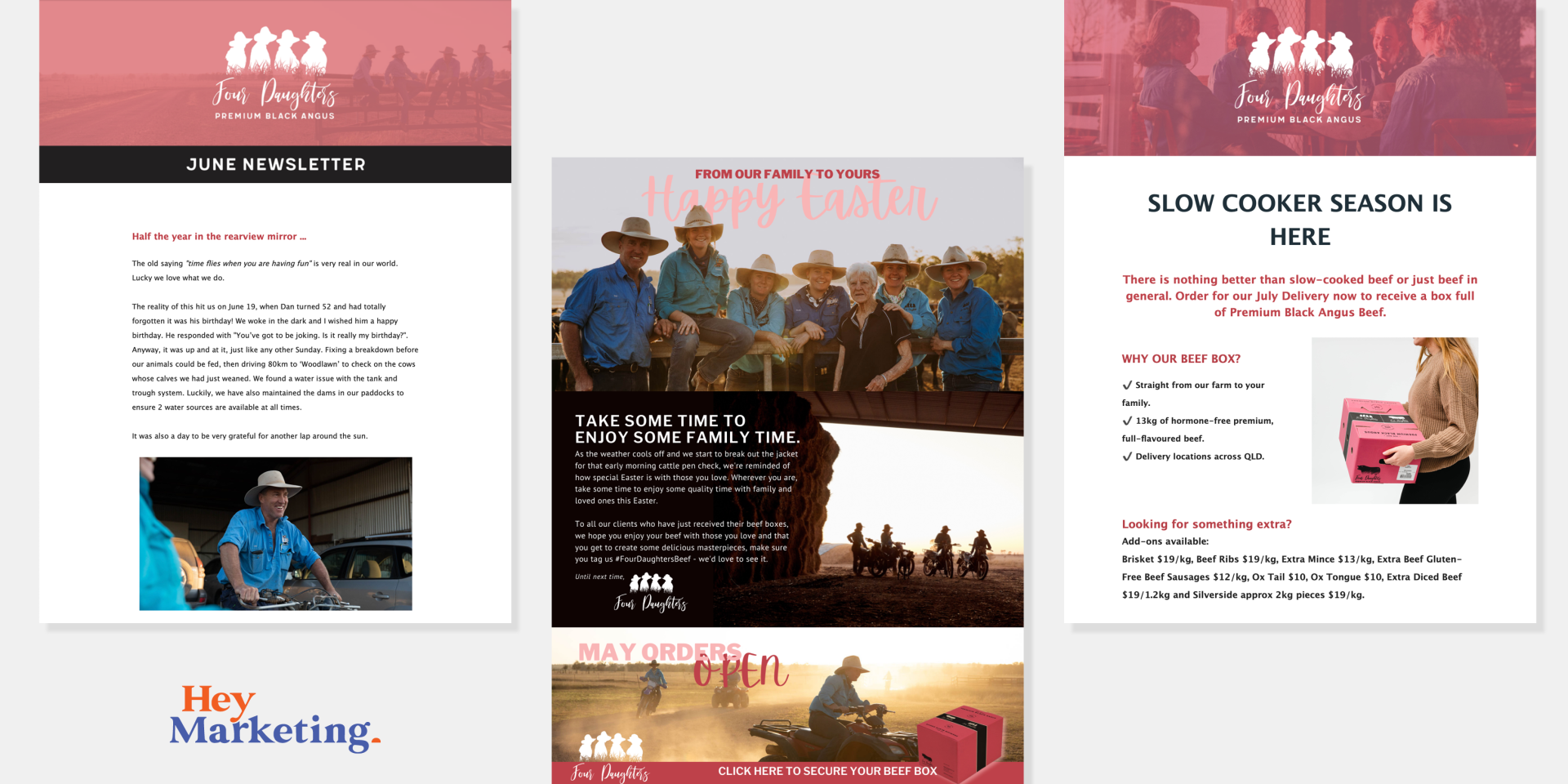 Three pink-and-white brochure pages with a group photo of people outdoors and text blocks.