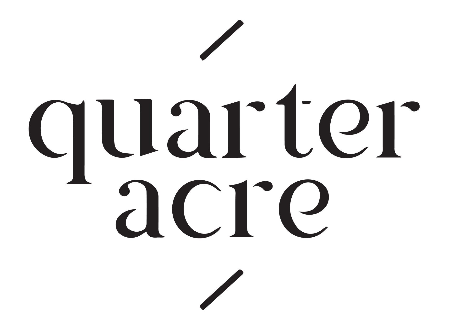 Logo reading “quarter acre” in black lowercase text with diagonal accent lines on a white background