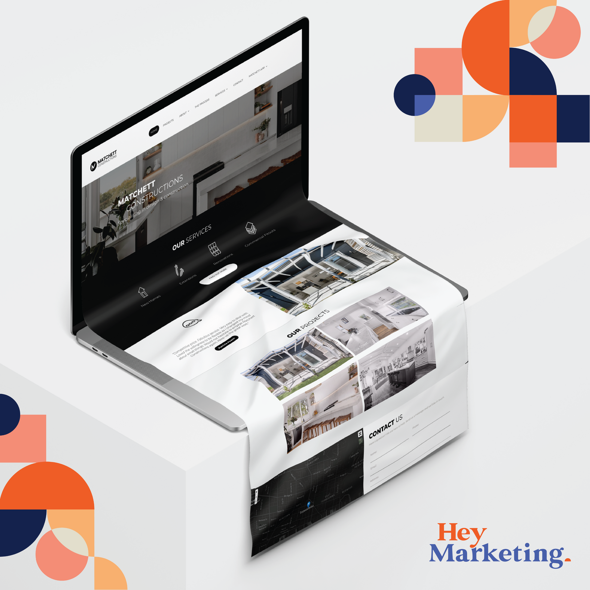 Laptop displaying a website mockup with a folded page effect and colorful geometric shapes, plus “Hey Marketing” logo