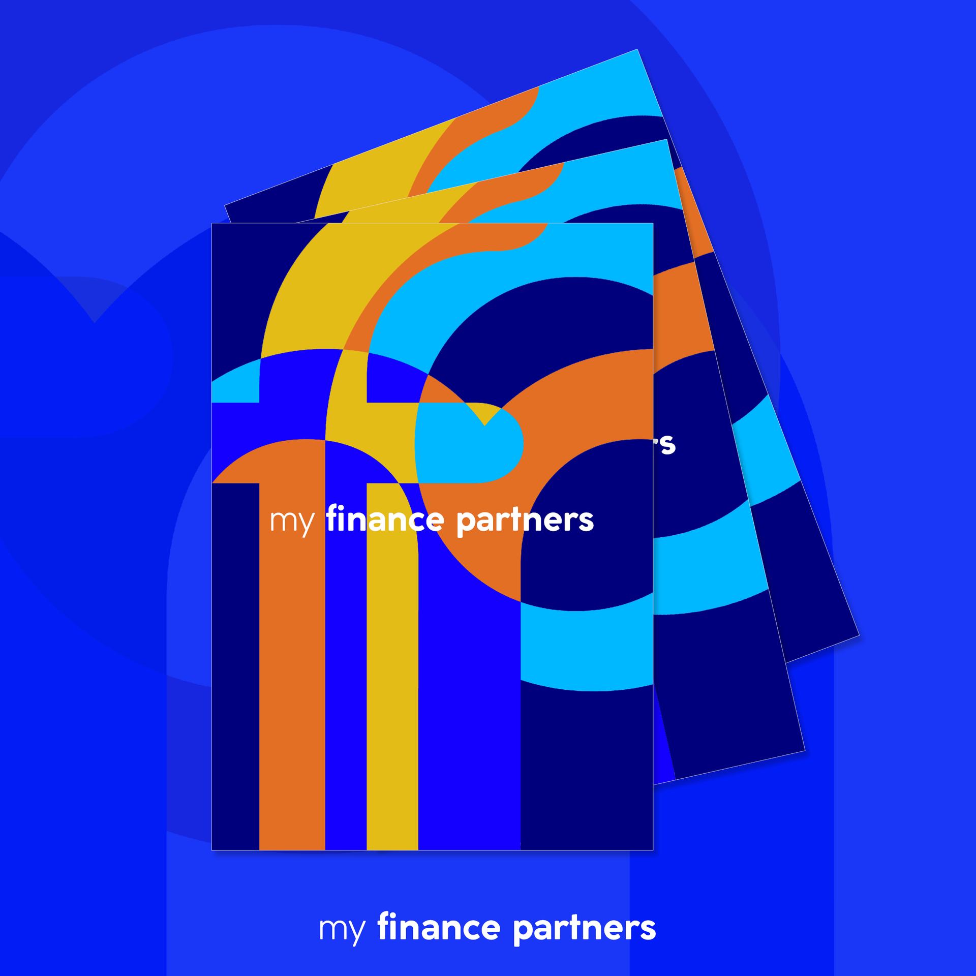 Stylized blue, orange, and yellow finance brochures with the text “my finance partners”