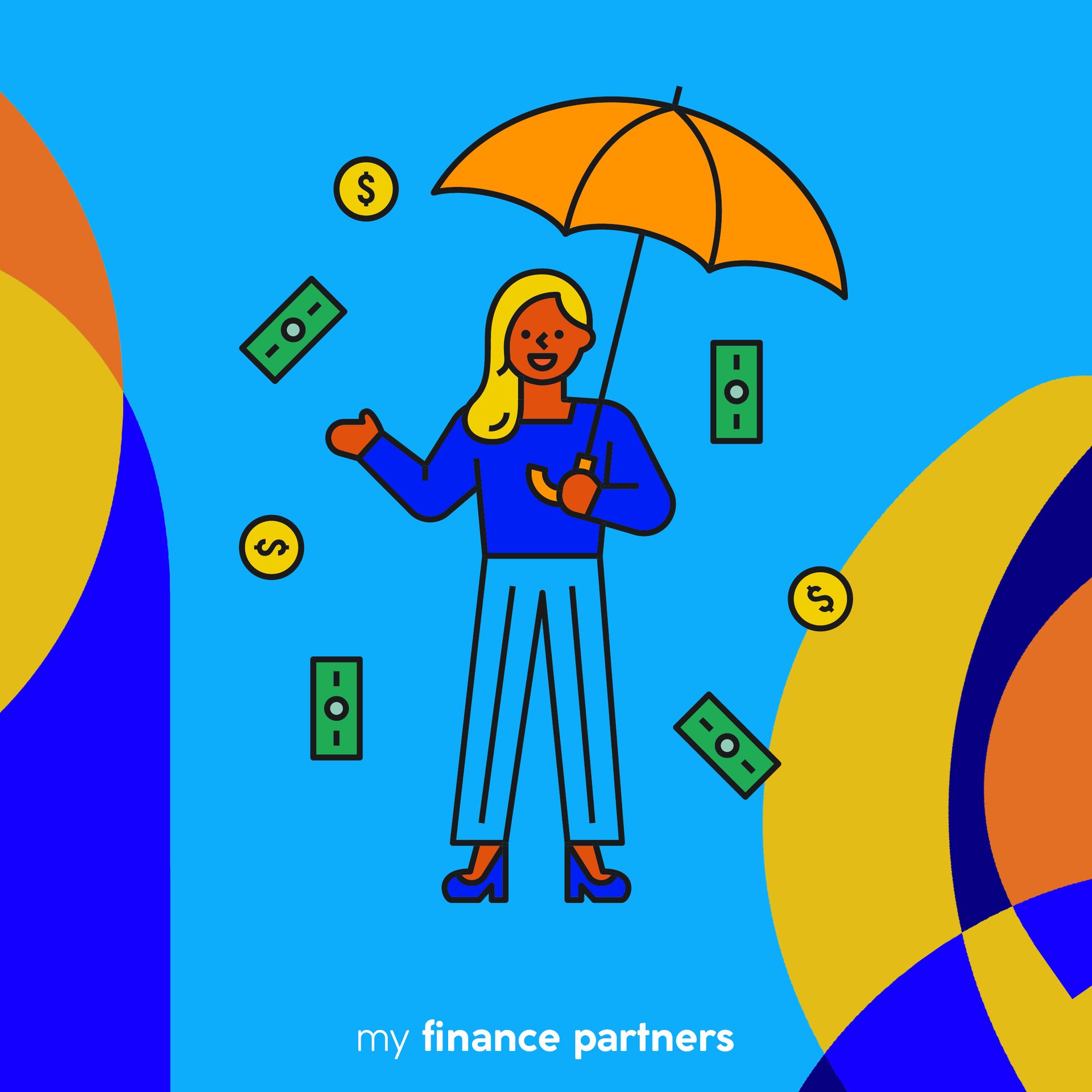 Illustration of a person under an orange umbrella with floating money icons and the text “my finance partners”