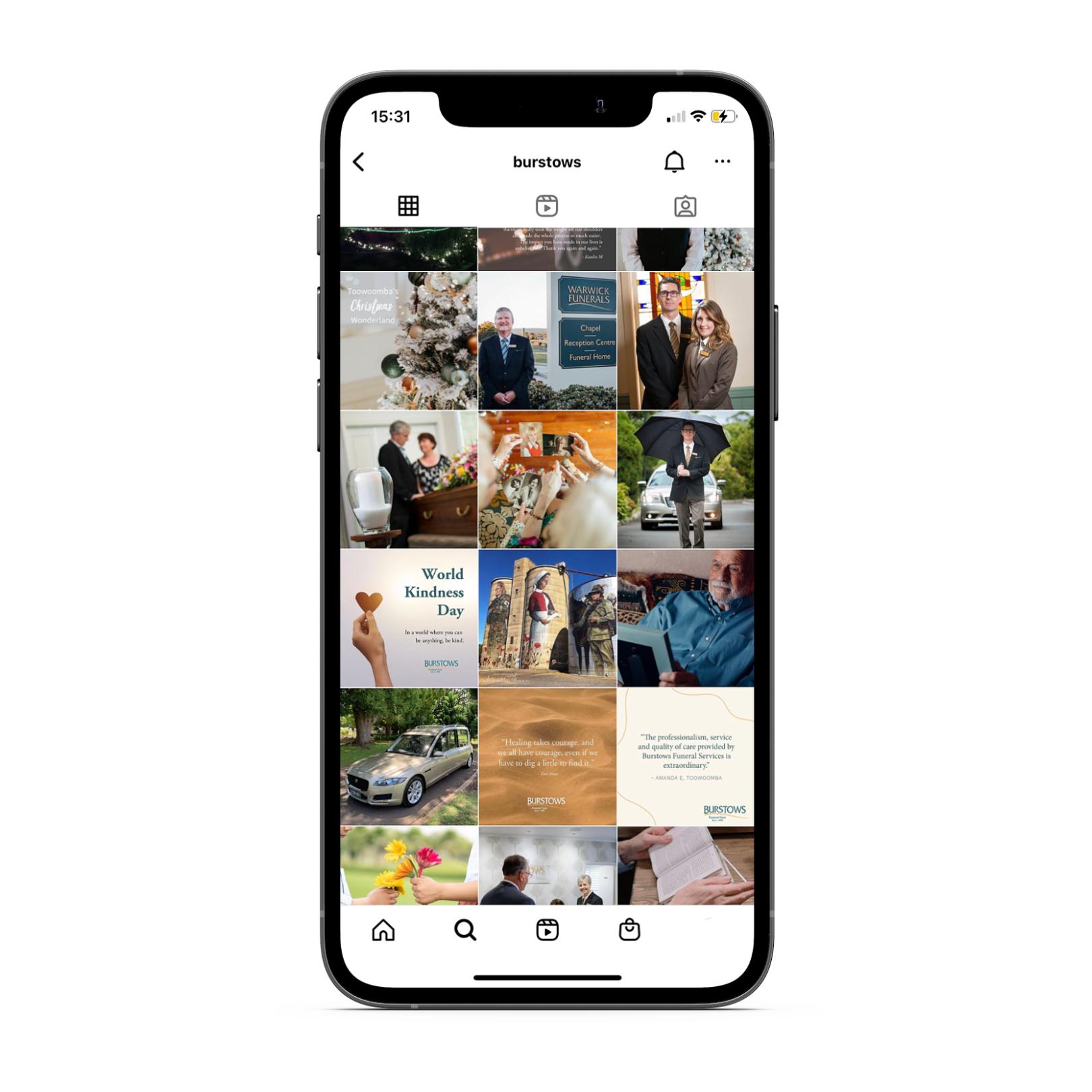 Instagram profile grid displayed on a smartphone, showing a collage of photos and posts