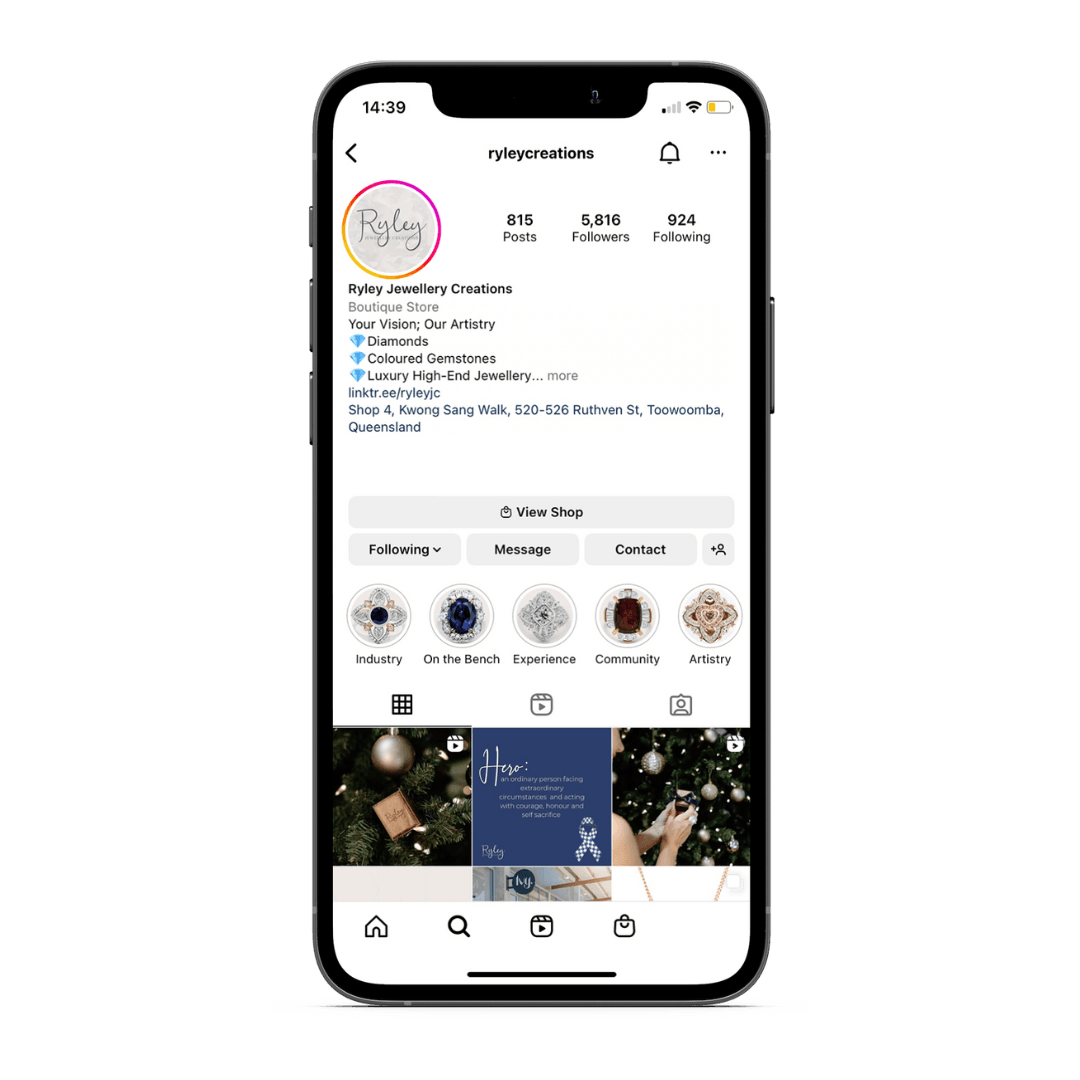 Instagram profile page shown on a phone, with a circular logo, bio text, story highlights, and post grid.